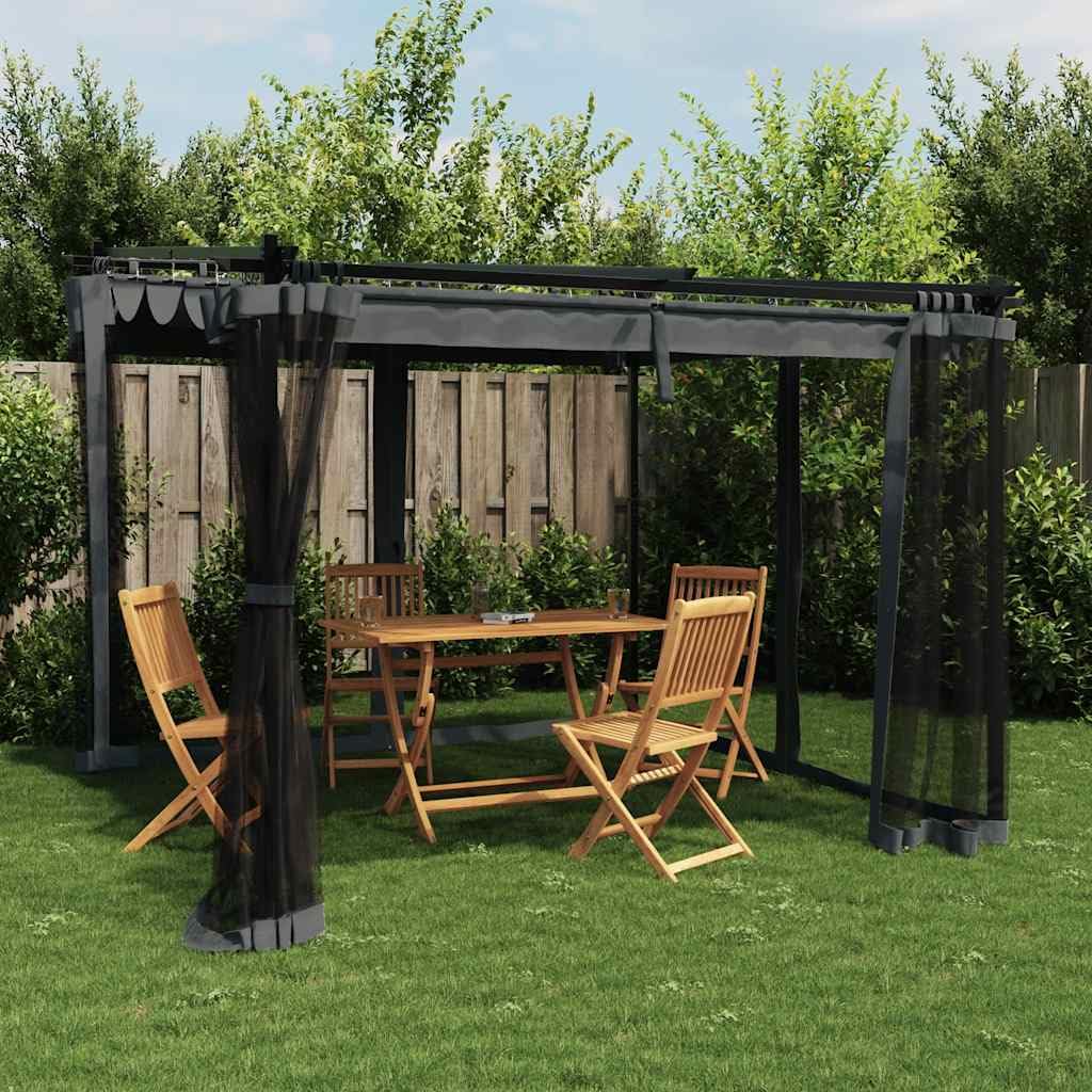 Pawilon ze ścianami z siatki, antracyt, stal 3 x 3 m | Wysuwany dach z poliestru, 4 ściany boczne z zamkiem błyskawicznym, rama aluminiowa i stalowa, 296 x 296 x 230 cm