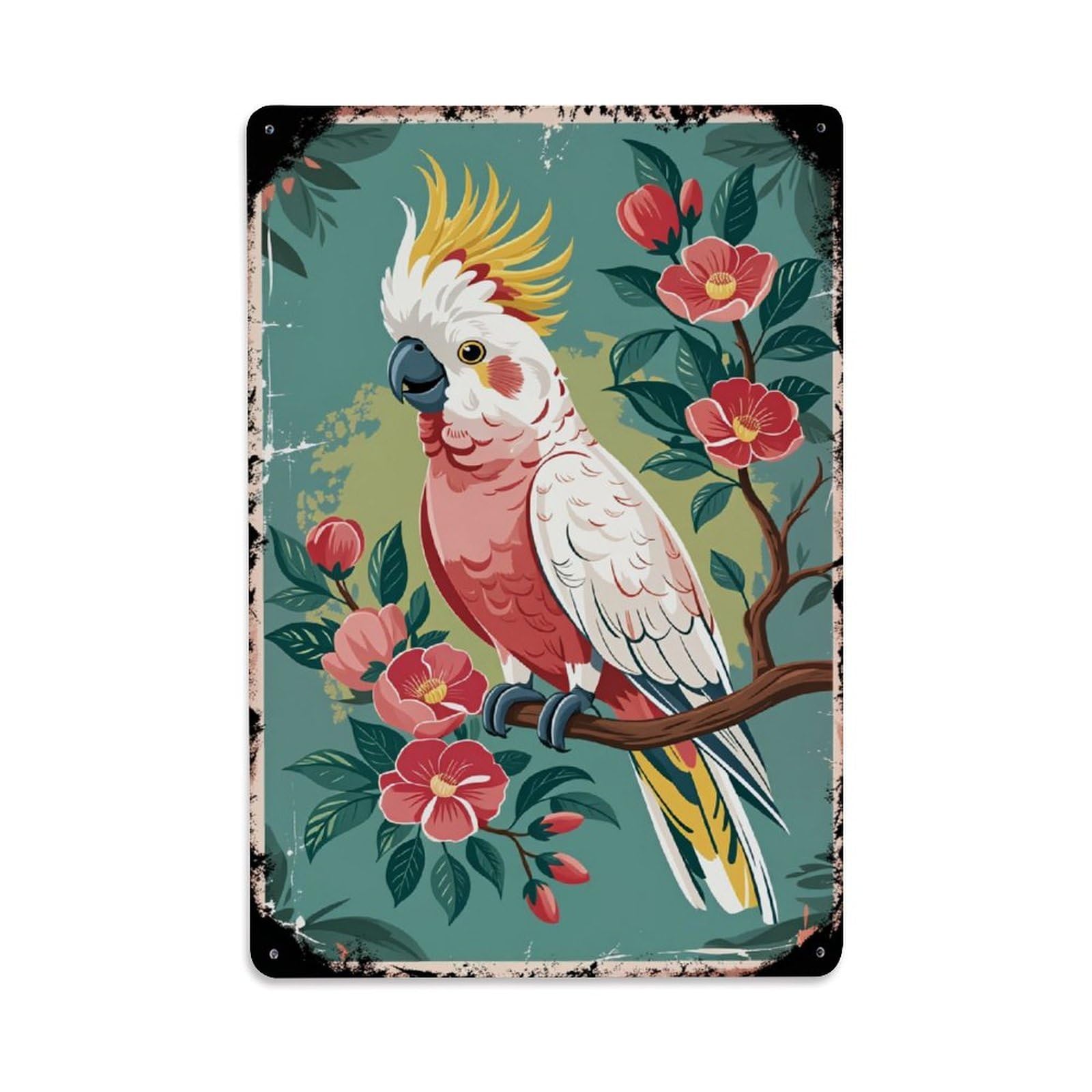 Cockatoo Floral Branch Pink Red Retro Metal Tin Sign, Vintage Decor Art Poster for Bar, Home, Man Cave, Kitchen, Laundry Room Gift 8x12Inch