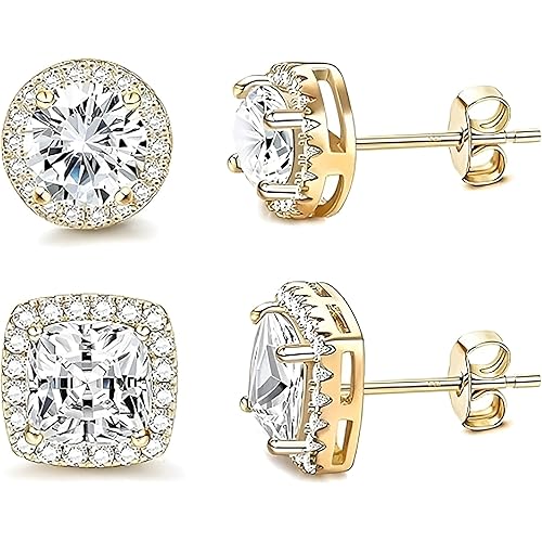 18K White Gold Plated Round Square Cubic Zirconia Simulated Diamond Halo Stud Earrings (2 Pairs)