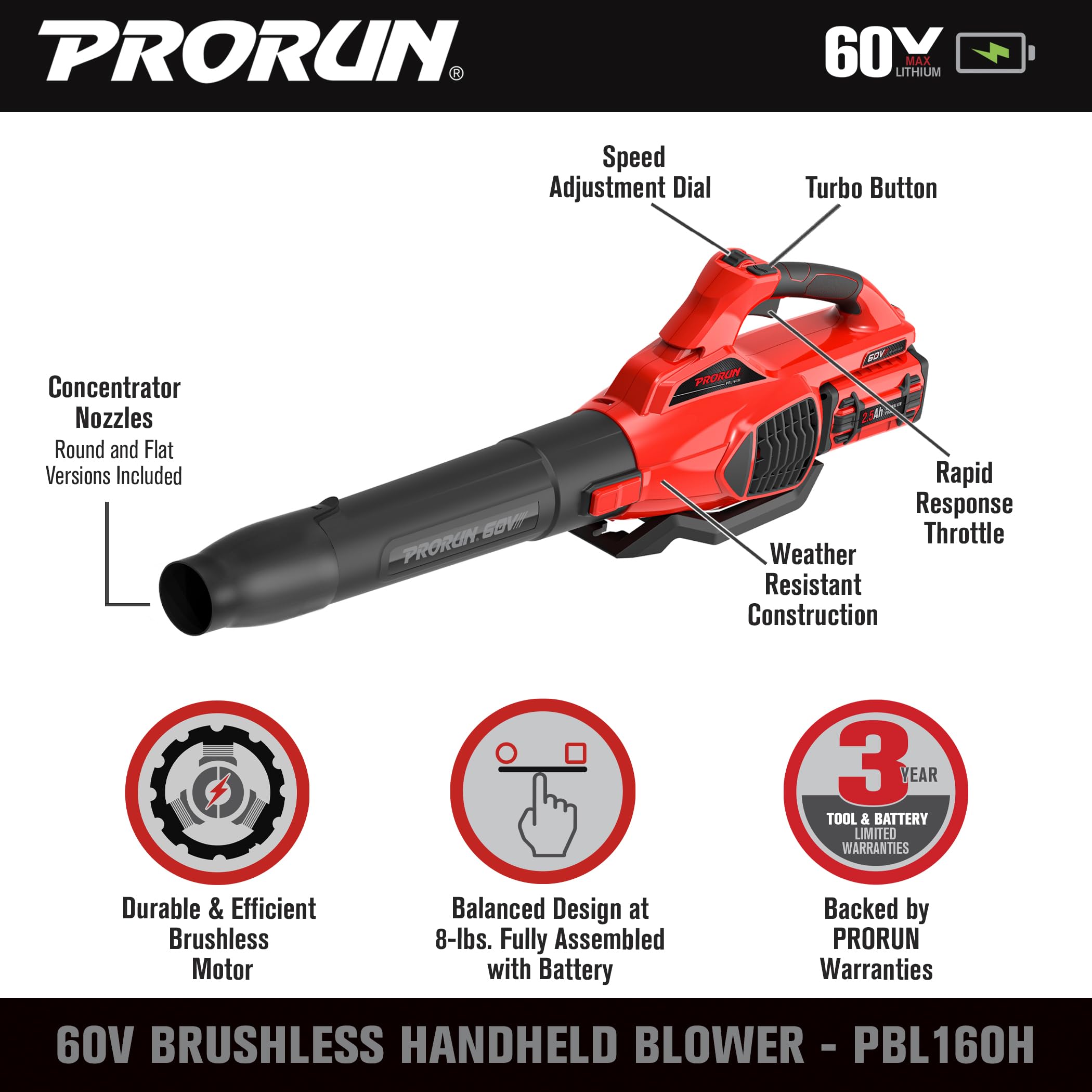PRORUN Soplador de hojas de mano inalámbrico sin escobillas de 60 V 680 CFM 190 MPH con batería de 2.5 Ah y cargador PBL160H