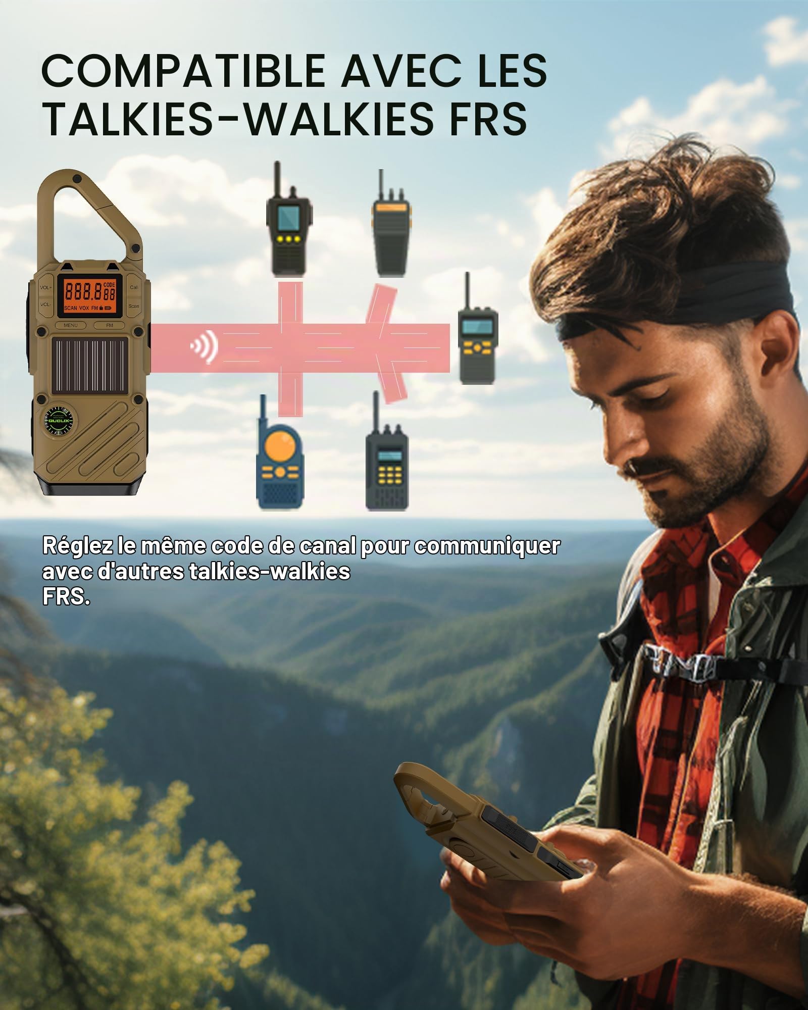 Talkie Walkie pour Adulte, Radio Rechargeable FM Radio d'urgence avec Lampe de Poche LED, Alarme SOS et Manivelle Solaire - Talkie Walkies Bidirectionnel à Portée 10km avec Chargement USB