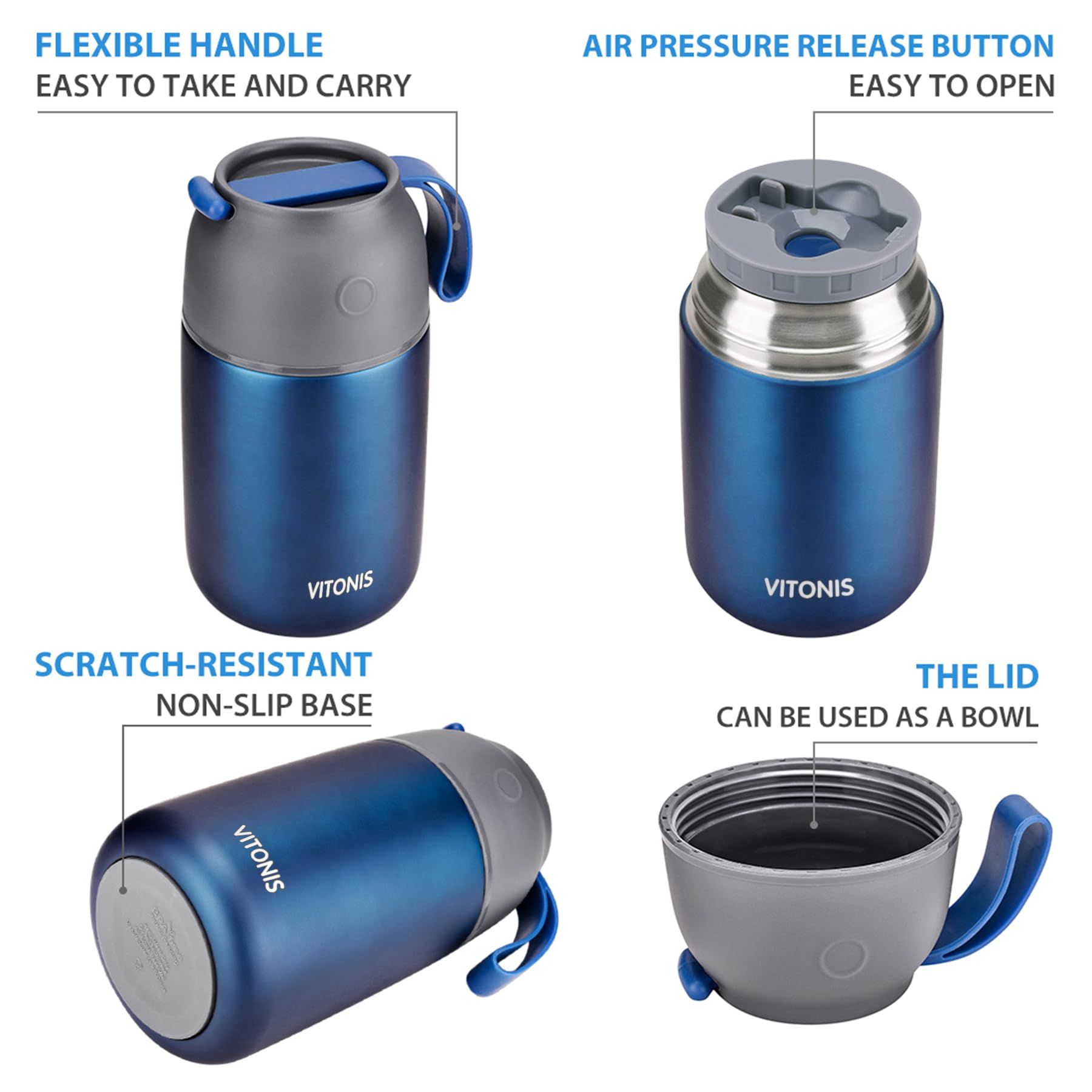 Recipiente térmico para alimentos, 500 ml y 700 ml, de acero inoxidable, con cuchara plegable, 2 recipientes aislantes, azul