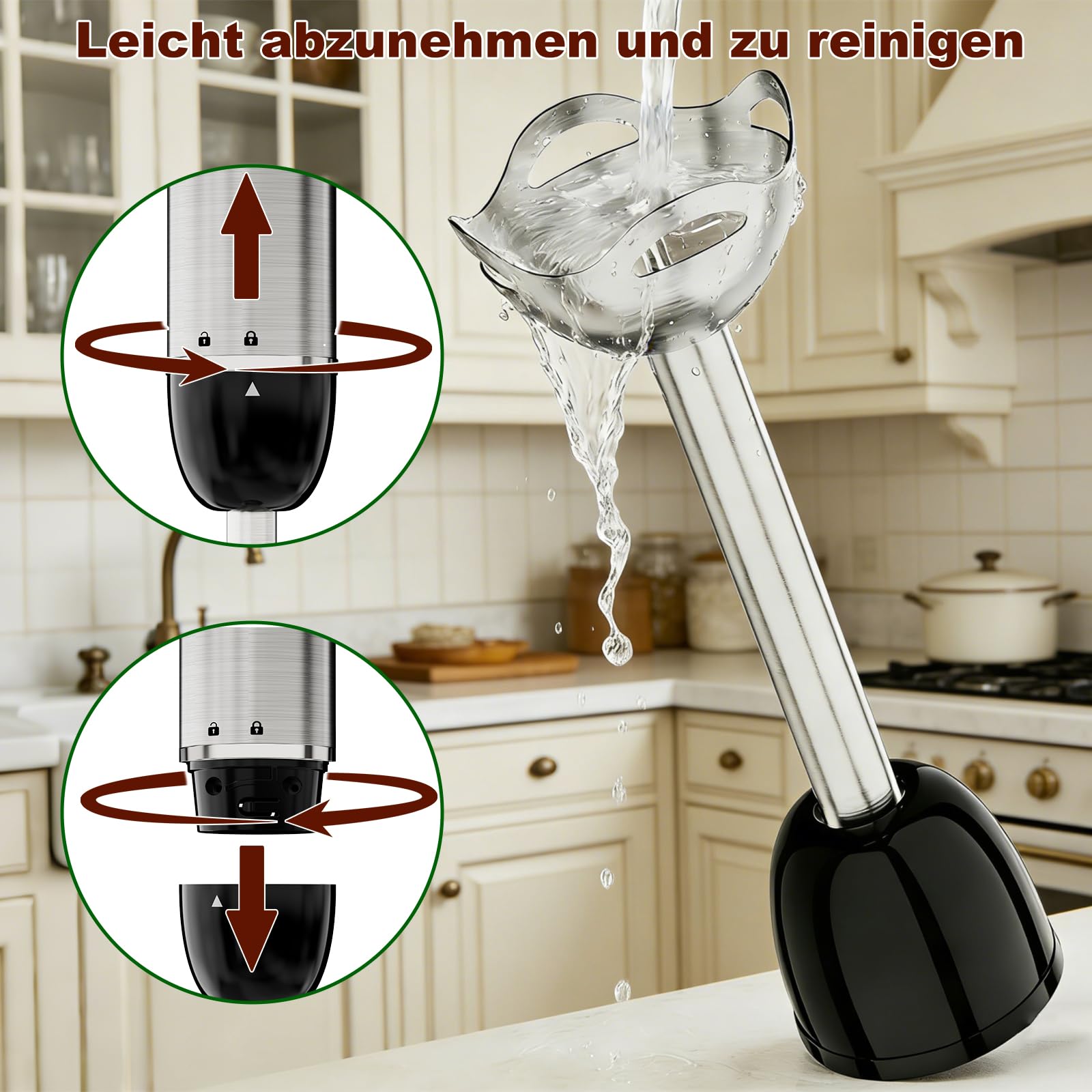 Camic Stabmixer, 4-in-1 Pürierstab, Kabelloses Elektrische Stabmixer mit 6-Stufiger + LED-Anzeige, Inklusive Edelstahl-Mixfuß, Schneebesen und 500ml Lebensmittelhacker für Suppen, Babynahrung