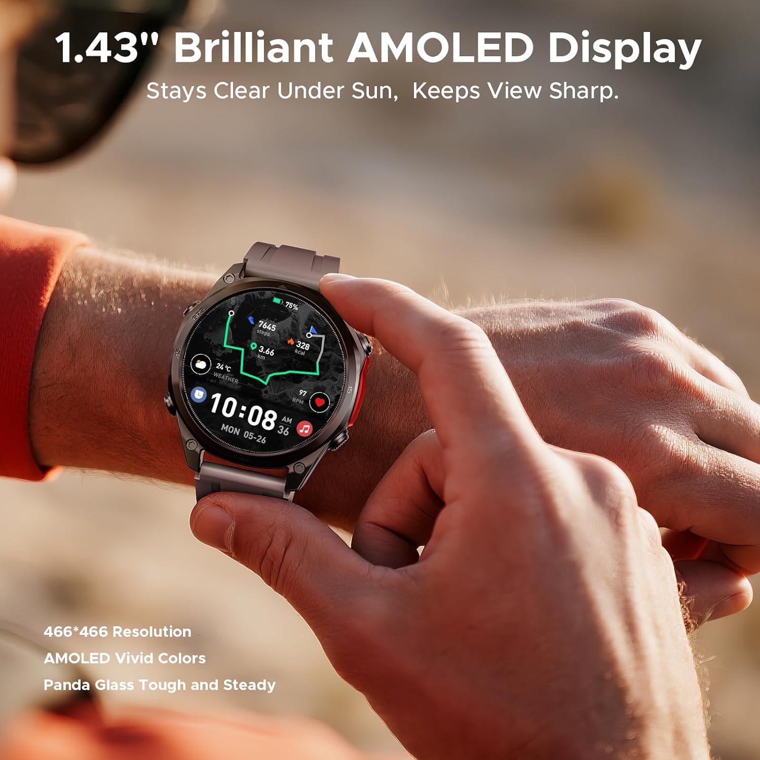 DOOGEE Anywise W1 Pro Mens Smart Watch, 5ATM Dual-Band GPS Offline Maps,1.43'' Fitness Smartwatches for Android Phone/iPhone Compatible,170+ Sports Modes, Answer/Make Calls/12 Days Battery/2 Strap