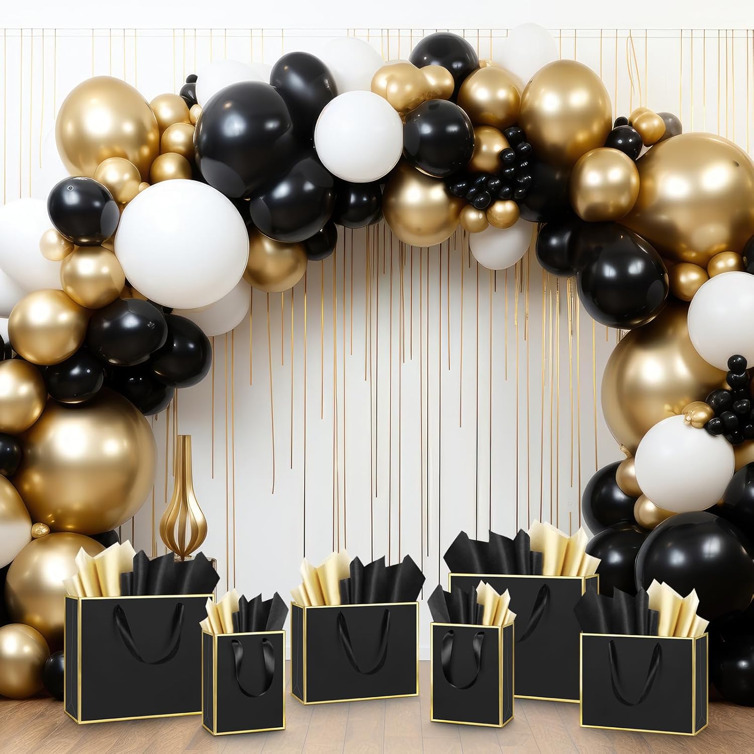Yeaqee 12 Sets Metallic Paper Gift Bags with Handle Tissue Paper Include 8", 10", 13" Thank You 5 Senses Gift Bags for Him Her Birthday Wedding Groomsmen Bridesmaid Anniversary Favor(Black, Gold) - Image 6