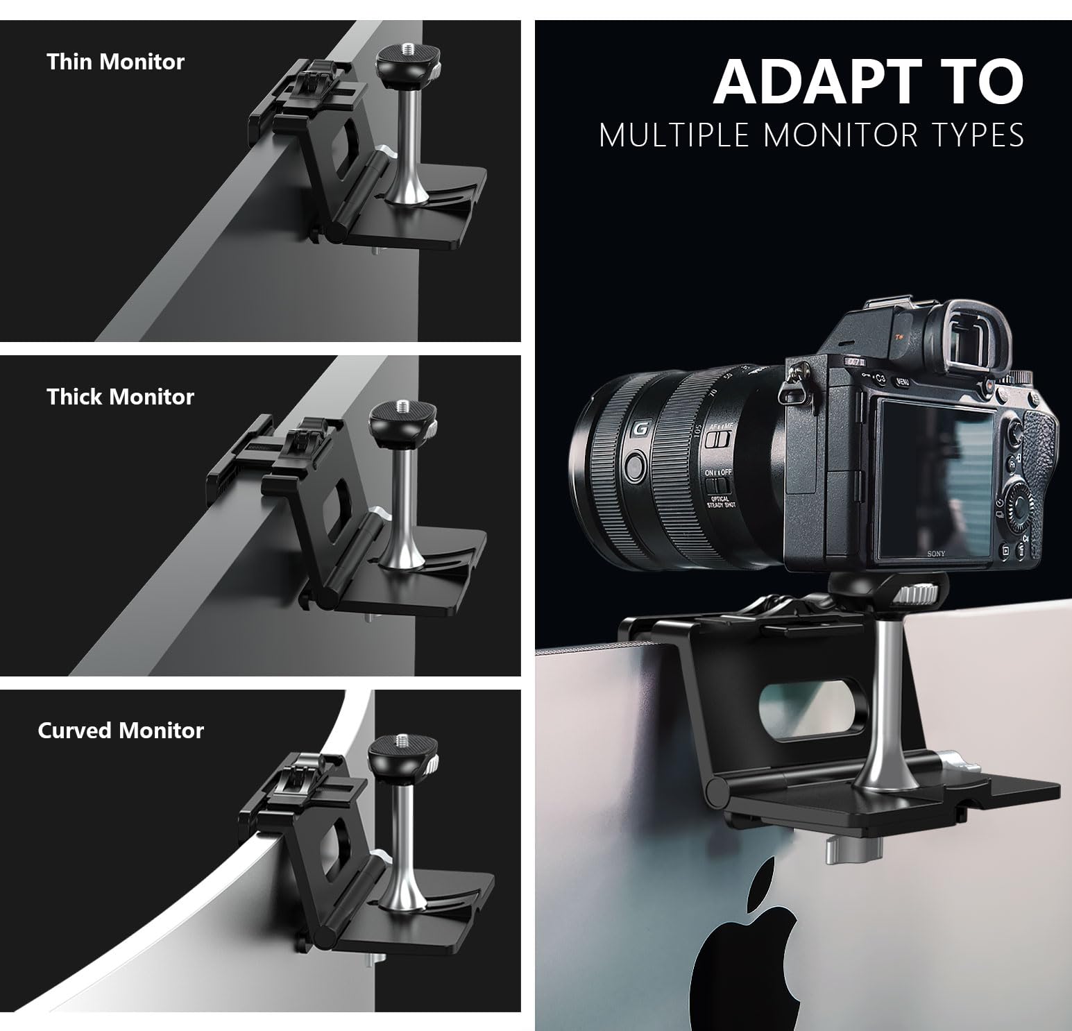 RAUBAY Supporto per fotocamera per monitor, morsetto per webcam da appendere con vite da 1/4", supporto superiore per monitor MILC per live streaming, ecc. Compatibile con monitor curvi, larghezza