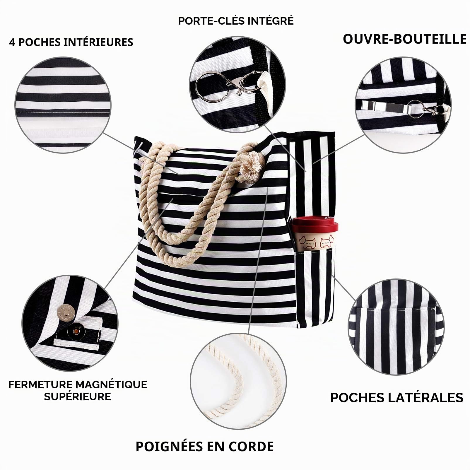 Genovega Grande Sac de Plage en Toile Femme Homme - XXL Cabas Sac Shopping Voyage Ete avec Boucle Magnétique, Sacs d'épaule de Natation Sport avec Poignées en Coton Corde