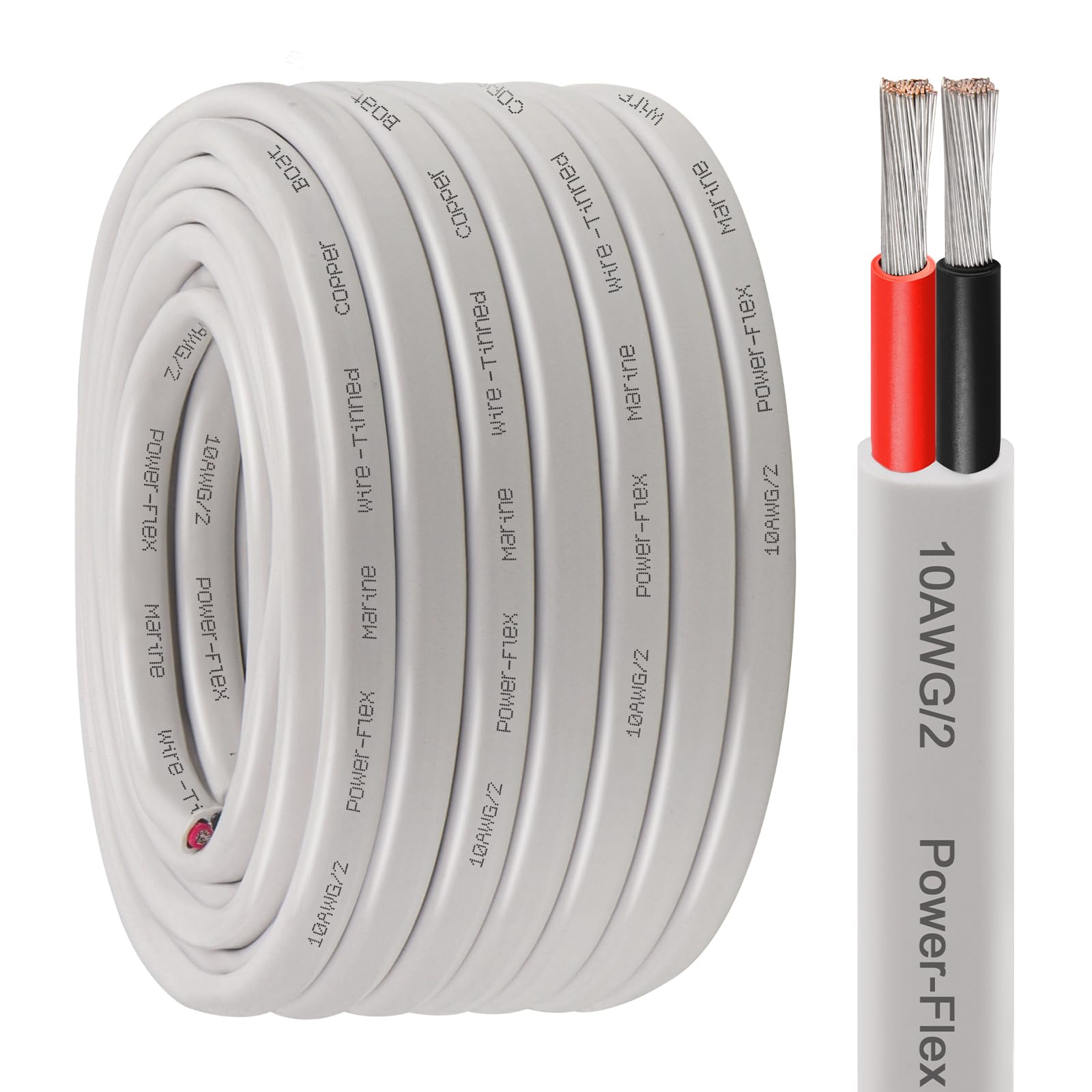 Kimbluth 10 Gauge Duplex Marine Wire Tinned Copper Boat Cable, 50ft 10 AWG Standard USA OFC Oxygen Free Copper Wire for Automotive Boat Speakers Solar Outdoors