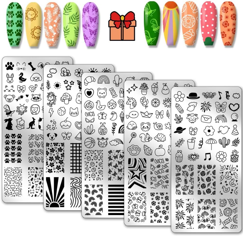 PH PandaHall 5pcs Cartoon Nail Stamping Plates Cute Animals Nail Art Templates Flower Line Nail Art Stencils Insect Fruits Nail Plates Stainless Steel Nail Image Plates for Nail Design Manicure Salon