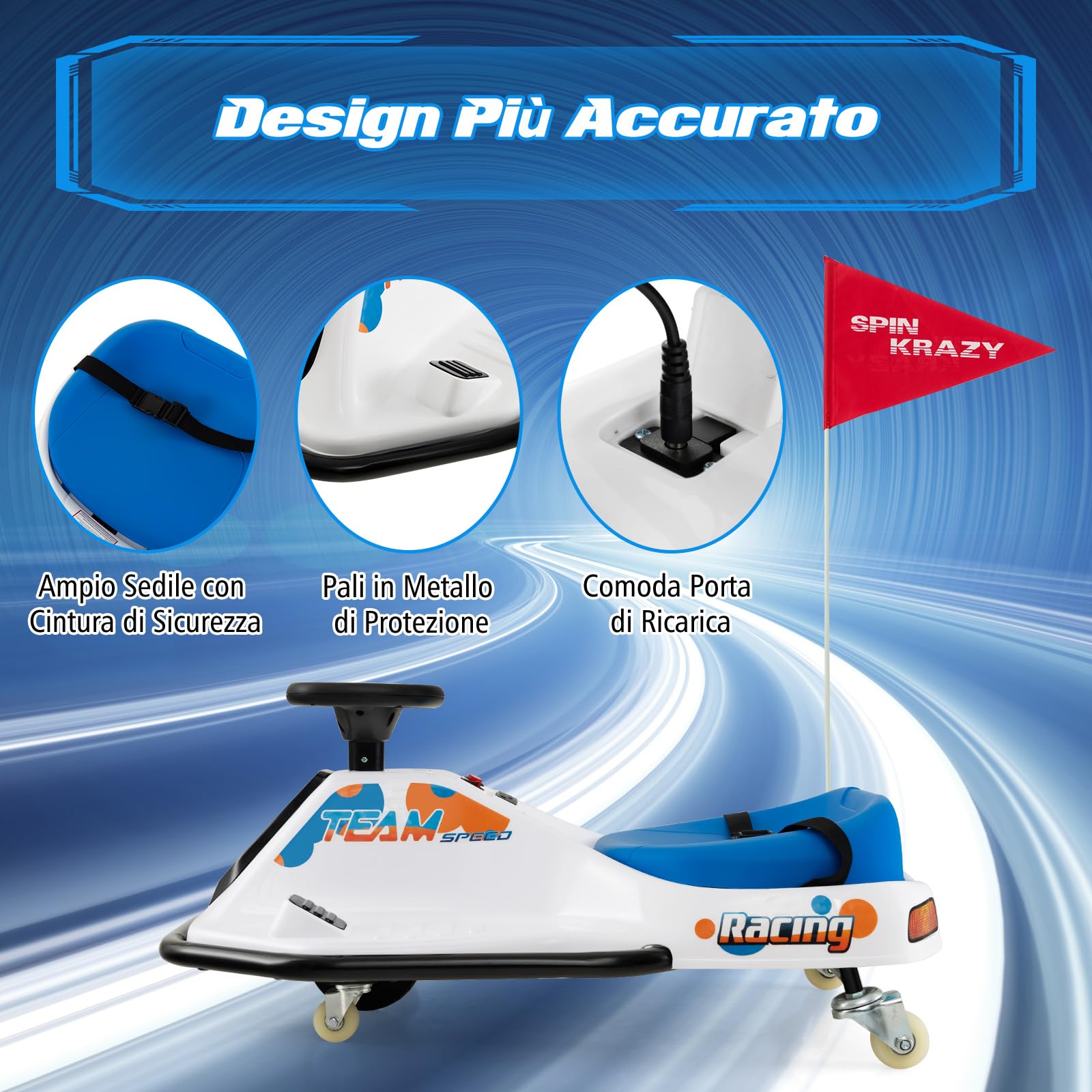 COSTWAY 24 V Go Kart per bambini, Auto Drift con Giro a 360°, con Connessione Wireless USB Radio Musica e 3 Bandierine, Avviso Lento, 9-15 km/h, per Bambini 3+ Anni