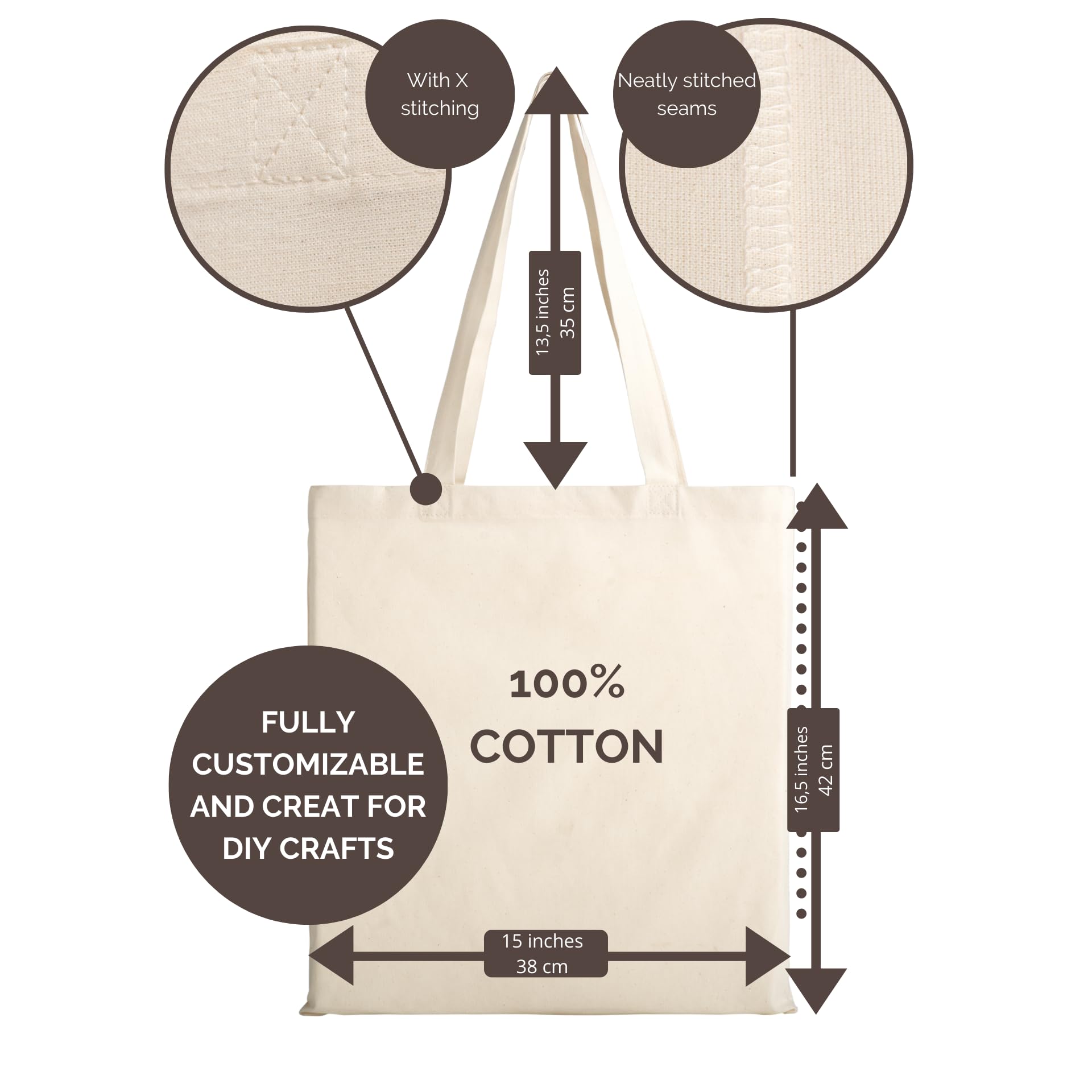 Tote Bag Vierge 100% Coton 145 g/m² 38x42 cm Sac en Tissu Anses Longues 70 cm Lot de 5