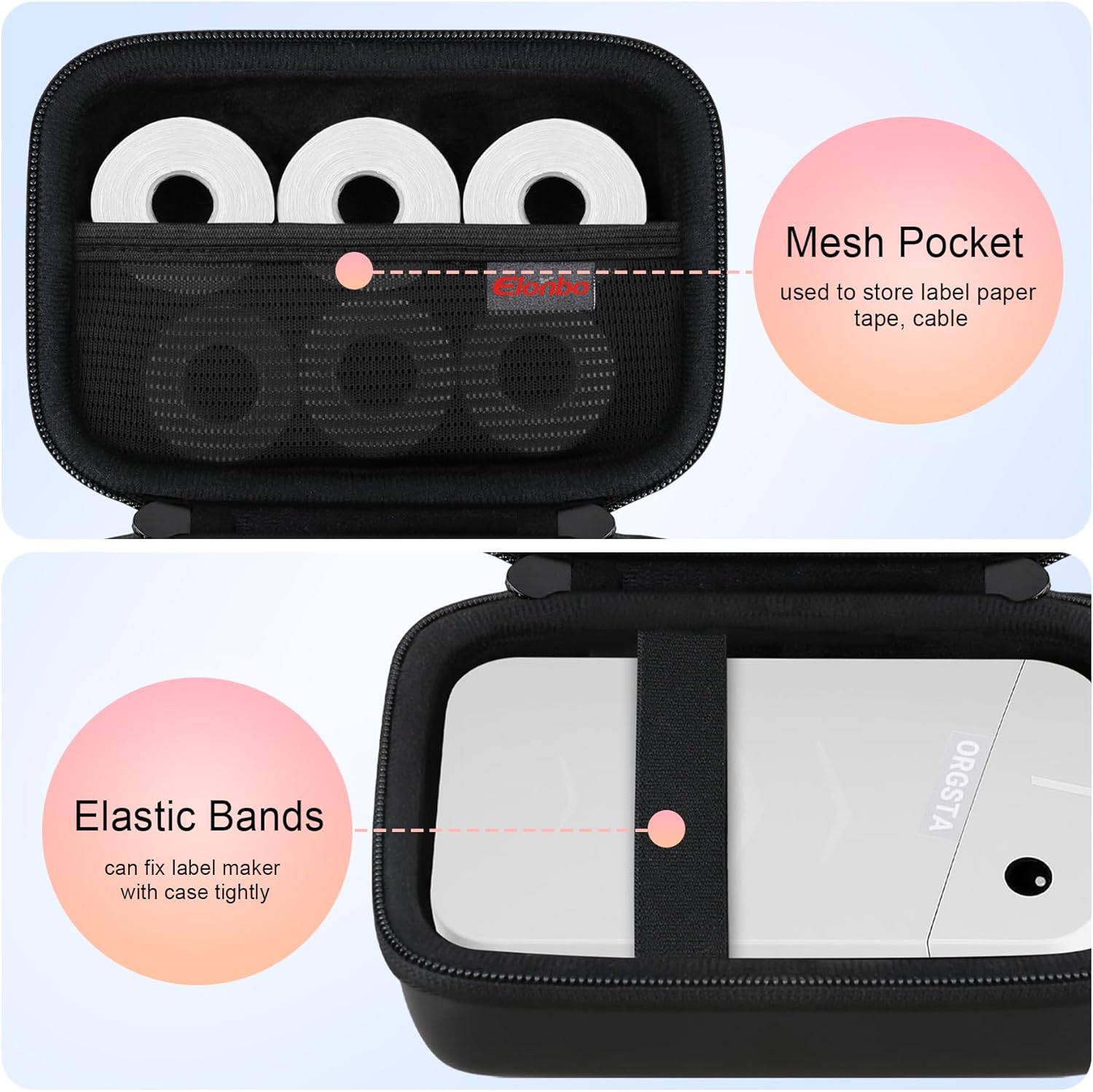 Elonbo Carrying Case for ORGSTA S001 Label Maker Machine, Portable Mini Bluetooth Thermal Label Printer Storage Holder, Wireless Small Handheld Sticker Maker Travel Bag, Pocket Fits Paper, Black - Image 3