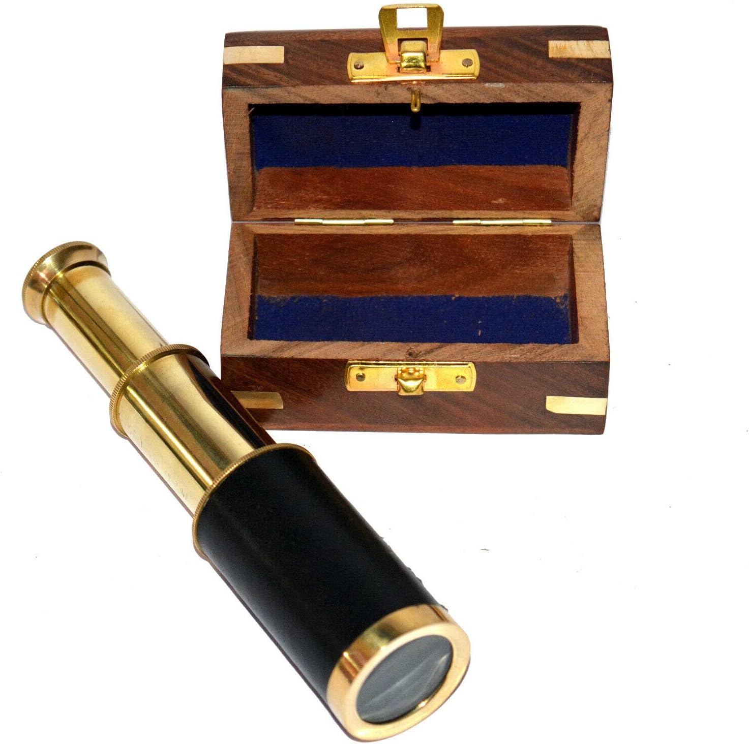 Pirate Pocket Telescope Spyglass with Wood Box Black Leather Bounded Shiny Brass Finish Telescope Decorative Gifts for Marine/Sailor/Son/Boys