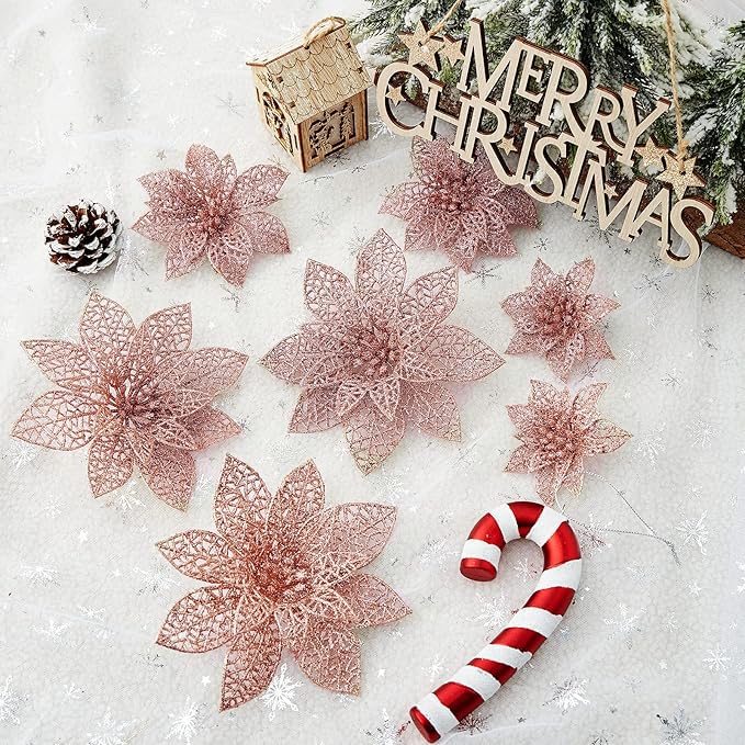 25 Fleurs De Poinsettia à Paillettes – 15 Cm, Avec Clips | Décoration Sapin Noël, Guirlande | Rouge Brillant