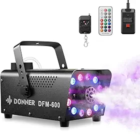 Donner Máquina de neblina, 600 W, 3000 CFM, máquina de fumaça com 13 cores de luz LED, 1 com fio e 2 controles remotos sem fio, para Halloween, casamento, festa e palco, uso interno