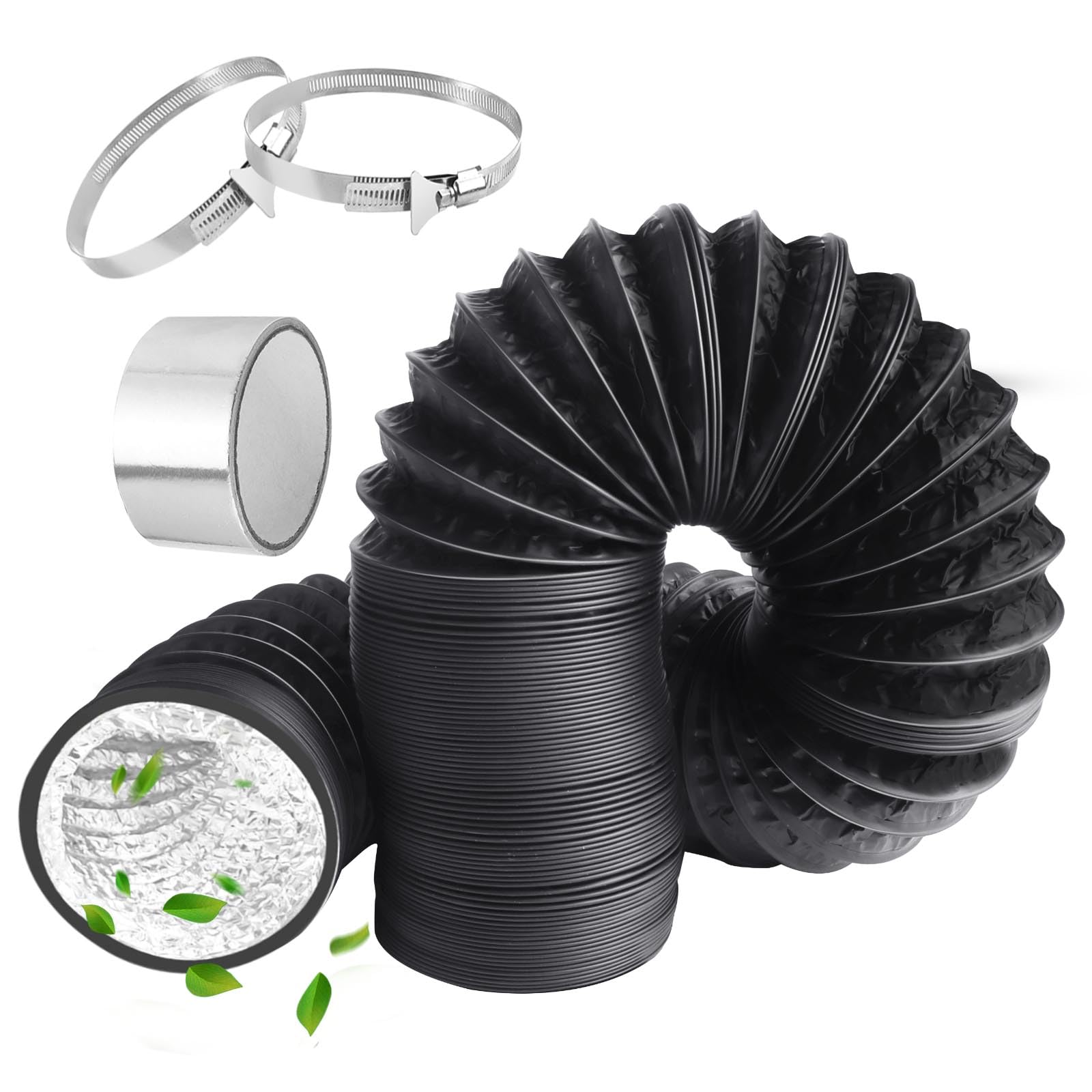 150mm Tumble Dryer Vent Hose 4.2m Long PVC Aluminium Flexible Ducting Hose with 2 Clamps,1 Volume Tape Black Air Ducting Vent for Air Conditioner HVAC Ventilation