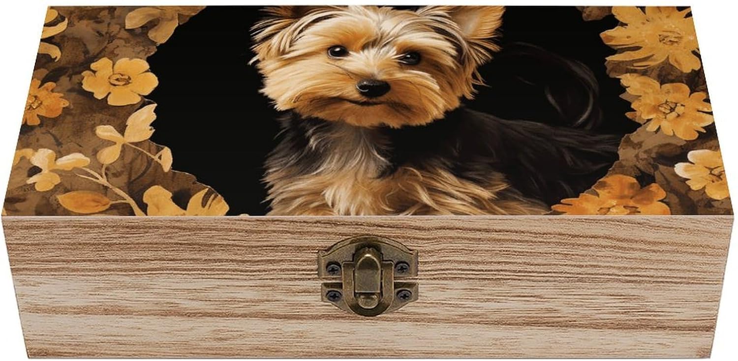 Wooden Box with Hinged Lid - Yorkshire Terrier in The Cave Keepsake Memory Boxes Natural Craft Storage Organizer for Jewelry, Art Supplies, DIY Projects | Handmade Gift Box for Home