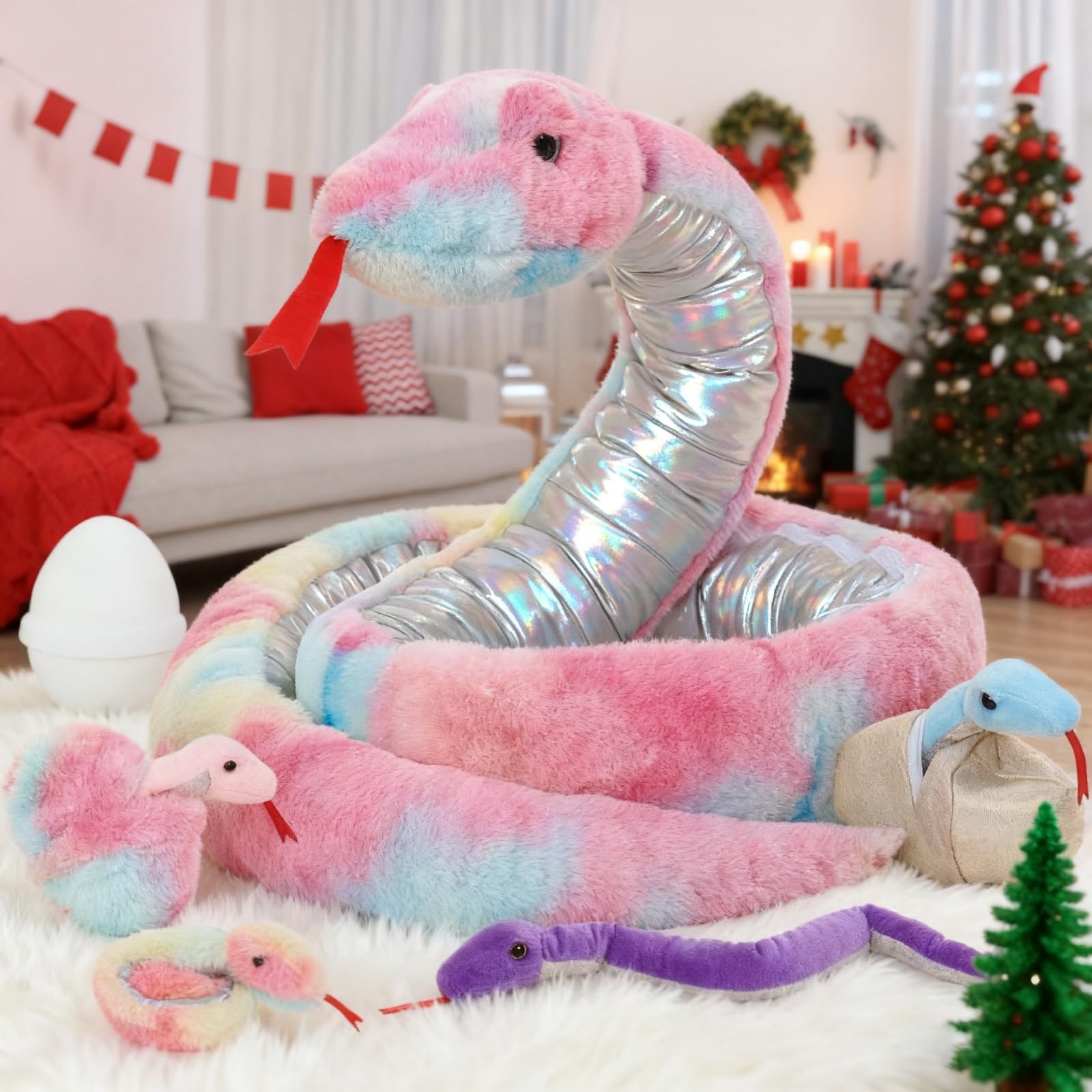 MaoGoLan 8Pcs Rainbow Snake Stuffed Animal 118 inch Giant Stuffed Snake Mommy with 4 Babies & 3 Eggs Inside, Bulk Large Boa Constrictor Plush for Boys Girls Kids Halloween Prank Props Gifts