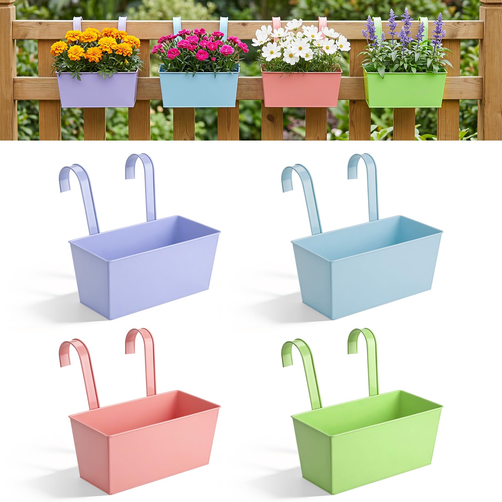 27.5cm Over Fence Planters, 4Pack Metal Hanging Plant Pots, Balcony Planters for Railing, Fence Hanging Planter with Detachable Hooks, Hanging Plant Pots Outdoor for Fence, Garden, Home (Mix Colors)
