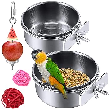 HERCOCCI 2 Pack Bird Feeder Bowl, Stainless Steel - Parrot Food Bowl Feeding Coop Cups Clamp Water Cage Dish with Fruit Skewer Holder for Parakeet Lovebird Conure Cockatiel Budgie Chinchilla