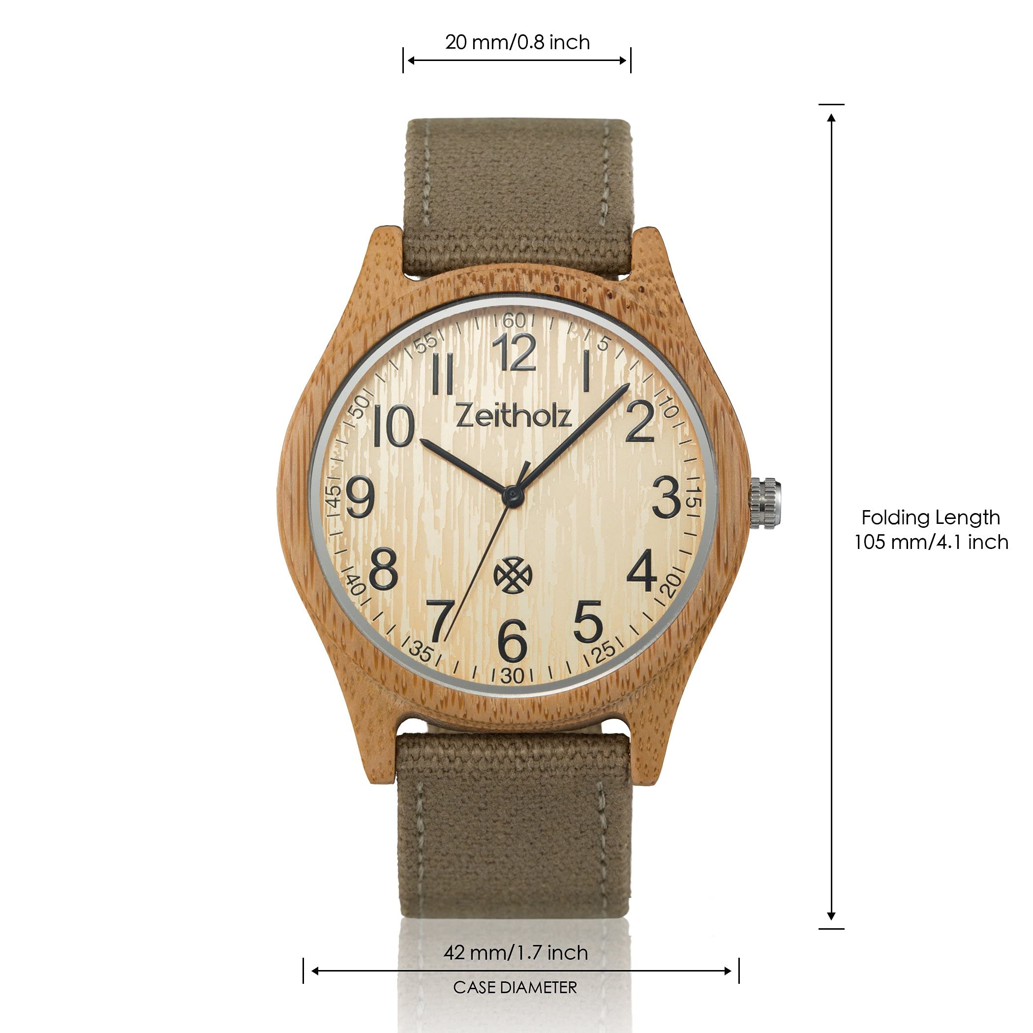 Altenberg - Orologio in bambù con quadrante marrone, prodotto naturale, ipoallergenico, fatto a mano, cinturino grigio di tela