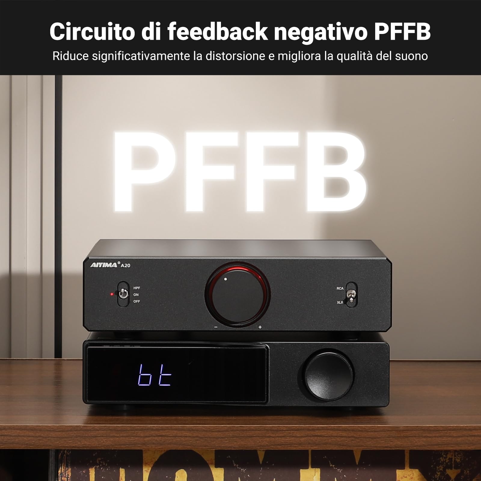 AIYIMA A20 Amplificatore stereo bilanciato con regolazione HPF Home HiFi 2.0/2.1 Amplificatore desktop classe D TPA3255 PFFB con ingresso RCA/XLR e trigger da 12 V per diffusori passivi