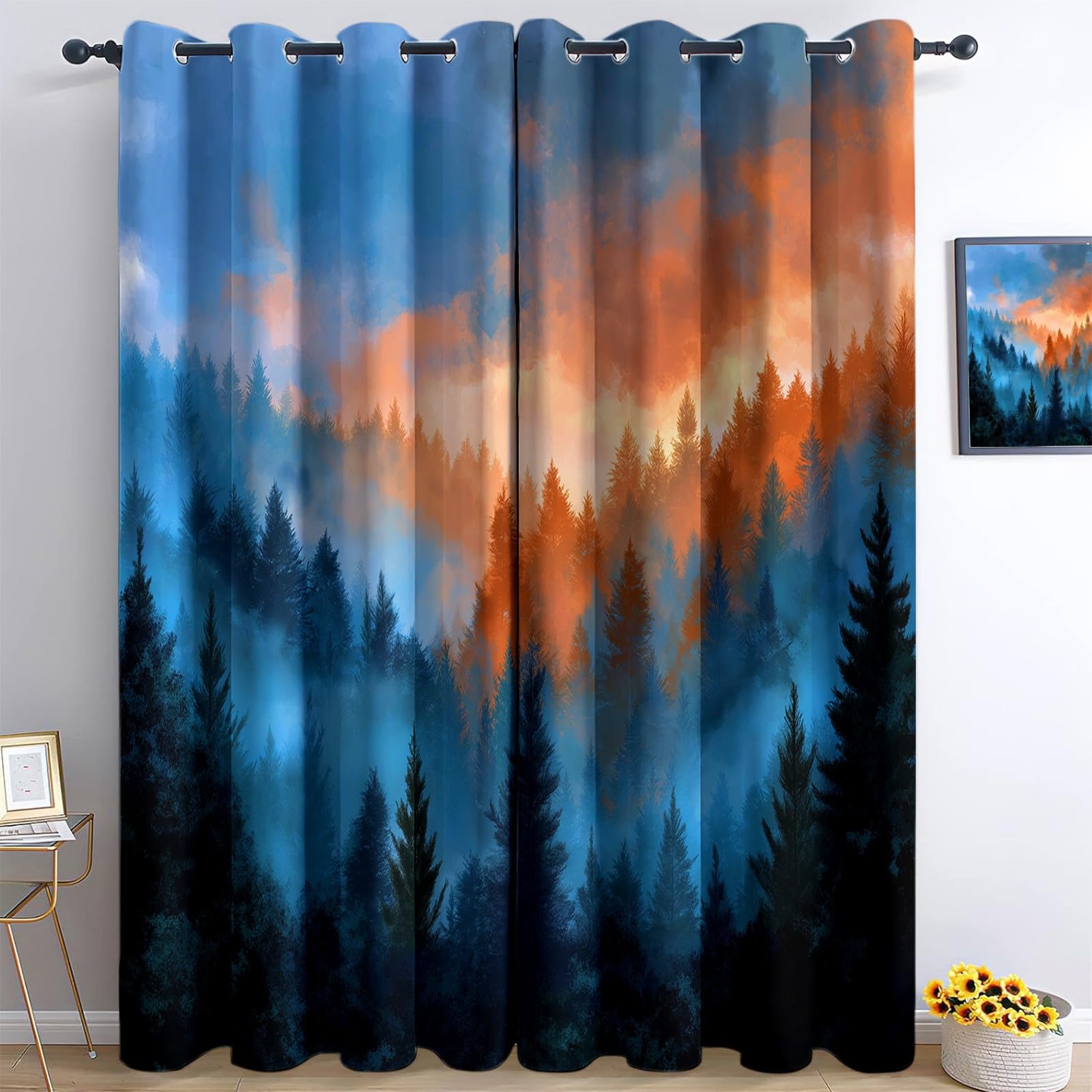 Generico Zasłony okienne, 110 x 215 cm, zaciemniające, do sypialni, salonu, zasłony dla dzieci, chłopców i dziewcząt, anime wschód słońca mglisty las, 2 sztuki