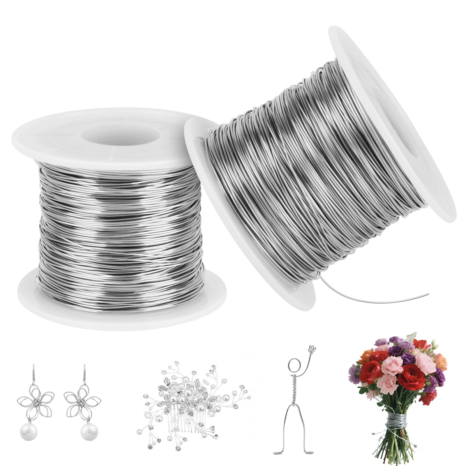 2 Volumes Crafting Wire 328FT, 0.5mm Soft Bendable Jewellery Wire with Spool, 304 Stainless Steel Craft Wire Tarnish Resistant Silver for Jewelry Making Supplies, models and Bonsai Trees, 2×100M