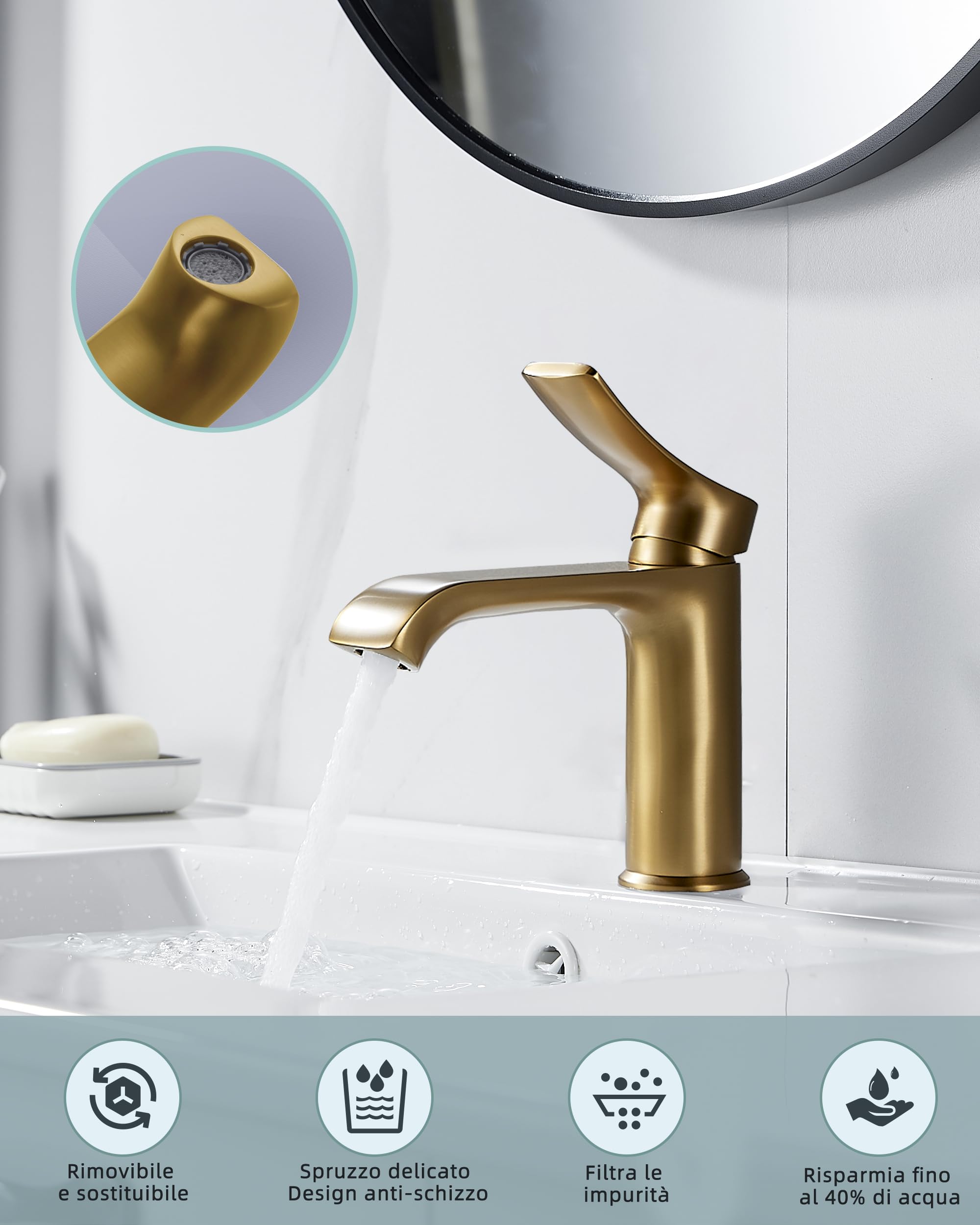 BELZ Rubinetto Monocomando per Lavabo di Bagno, Materiale Ottone Solido con Beccuccio 87mm, Senza Perdite e Risparmio Acqua, Adatto per Bagni e Servizi Igienici Ospitali, Oro