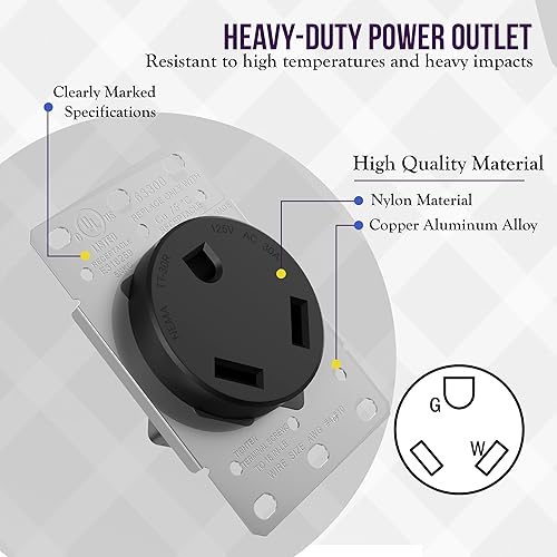 Miniatura 6 de ENERLITES NEMA TT-30R Toma de corriente, remolque de viaje RV de 30 amperios, 2 polos, conexión a tierra de 3 cables, 30 A 125 VAC, 60 Hz, 63300-BK,