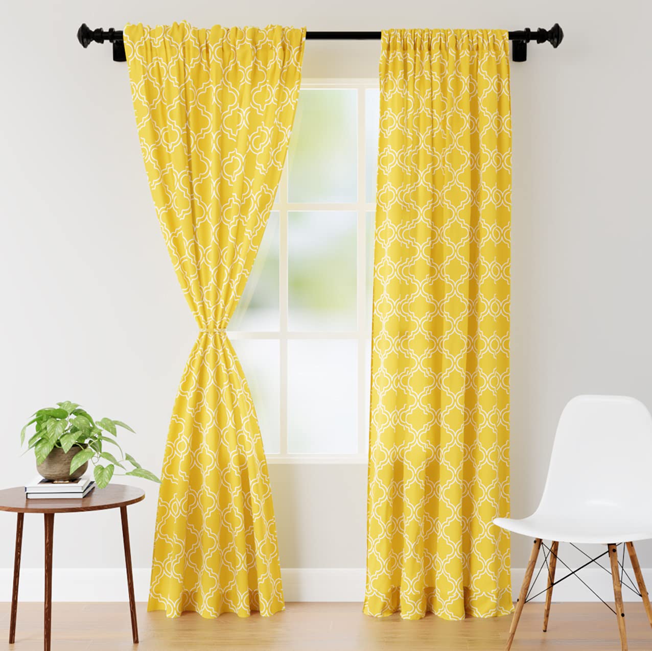 Encasa XO Window Curtain 8 ft Set of 2, Polyester Printed with Rod Pocket, Tie Back, Light-Filtering, Semi Sheer/Transparent Curtains- Kitchen, Bedroom, Living Room (140x244 cm), Trellis Yellow