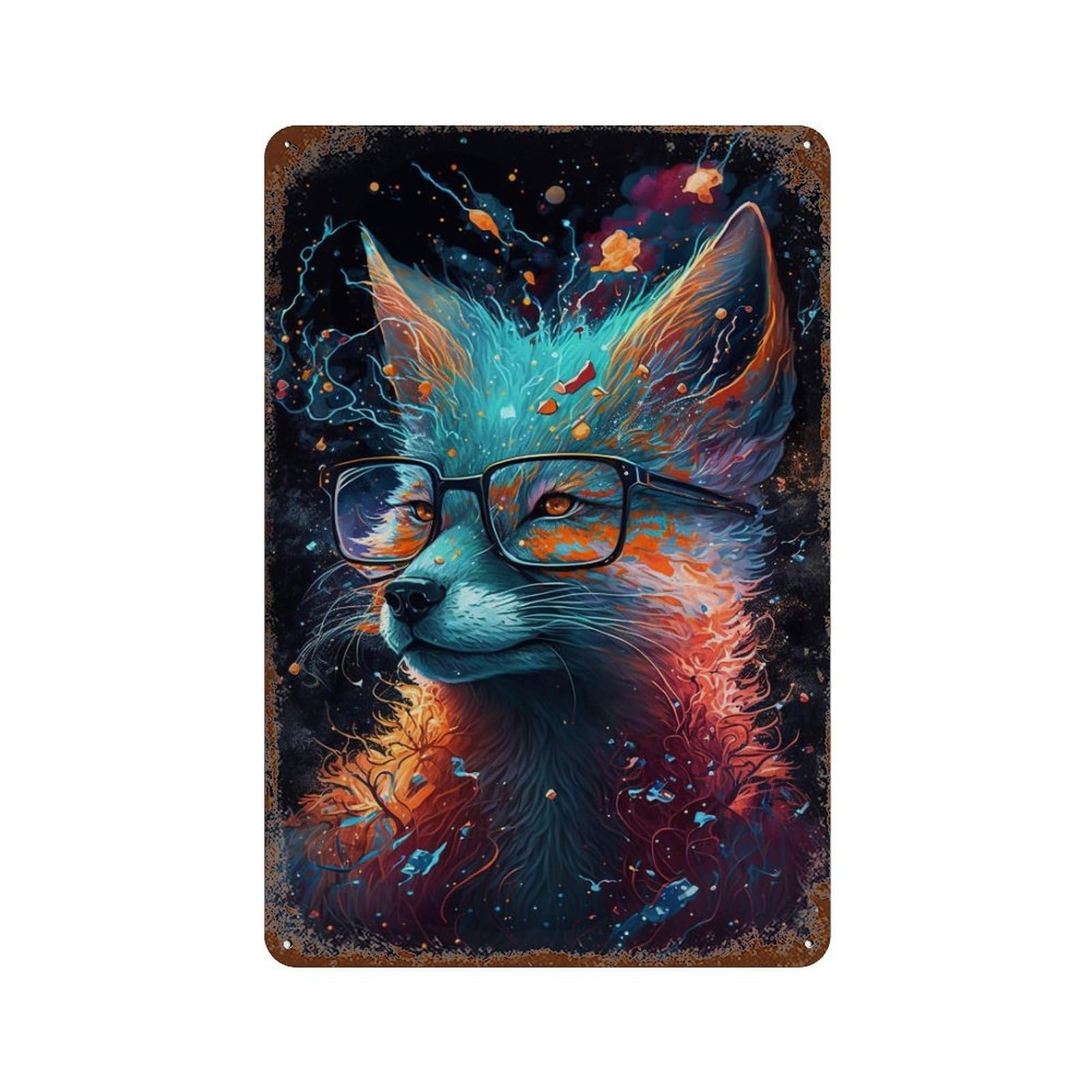 Colorful Fox with Glasses Art Print Distressed Metal Wall Sign 11.8"x7.9", Rustic Home Decor for Living Room, Hallway And Home Decor