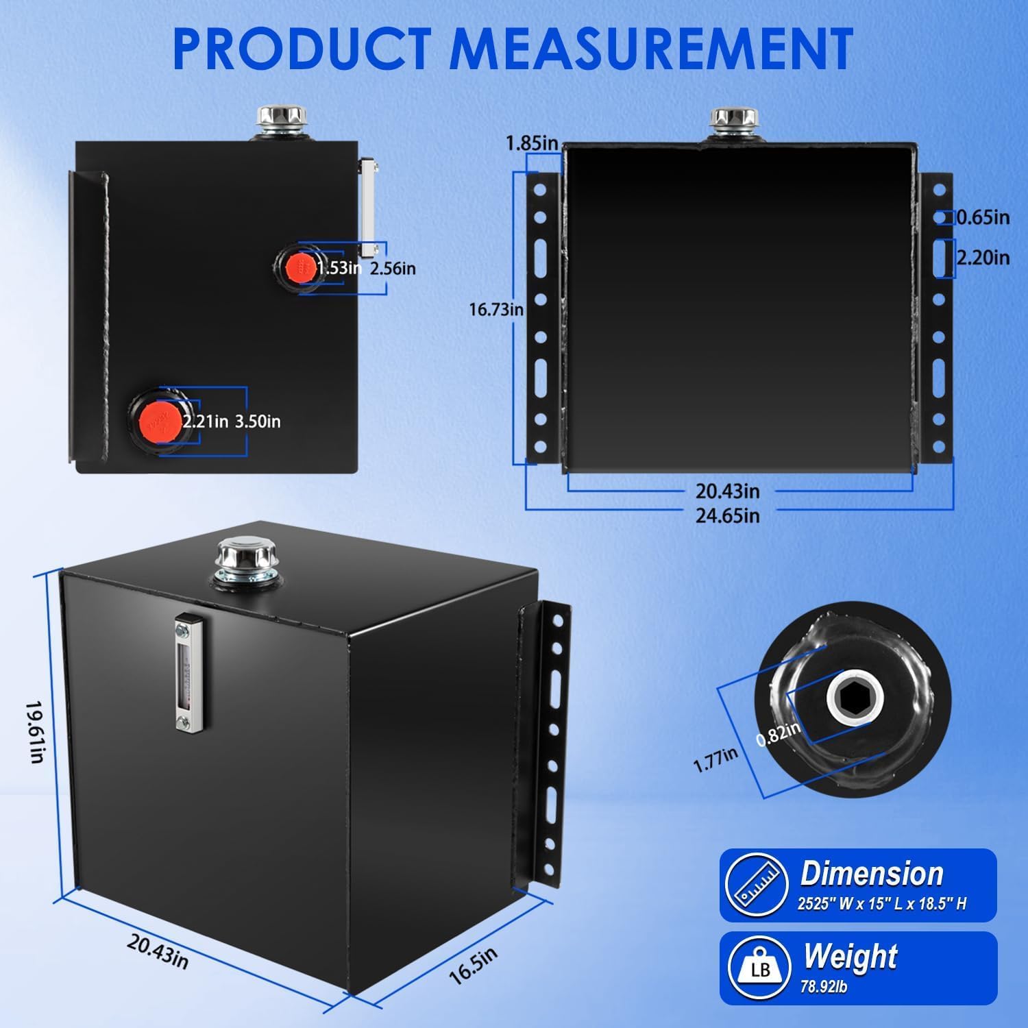 25-Gallon Hydraulic Fluid Reservoir Oil Tank for Tractors, Trucks & Log Splitters w/Breather Strainer Fill Cap, Built-in Temp Gauge & Sight Gauge, Heavy Duty 14 Gauge Steel, Vertical Mount