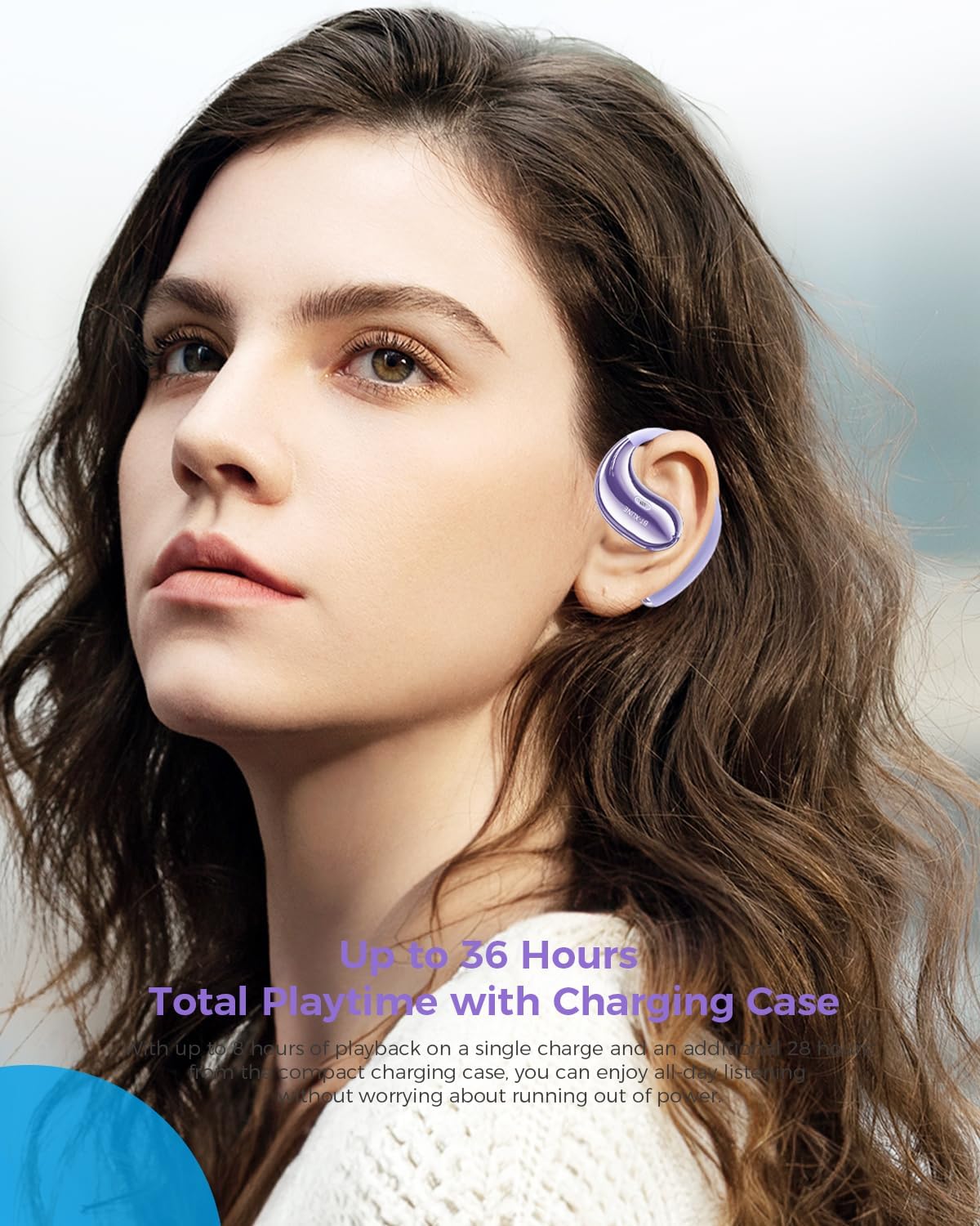 Woman wearing Micool BT-X LINE open-ear headphones, demonstrating comfort and fit, with text highlighting 36 hours of playtime.