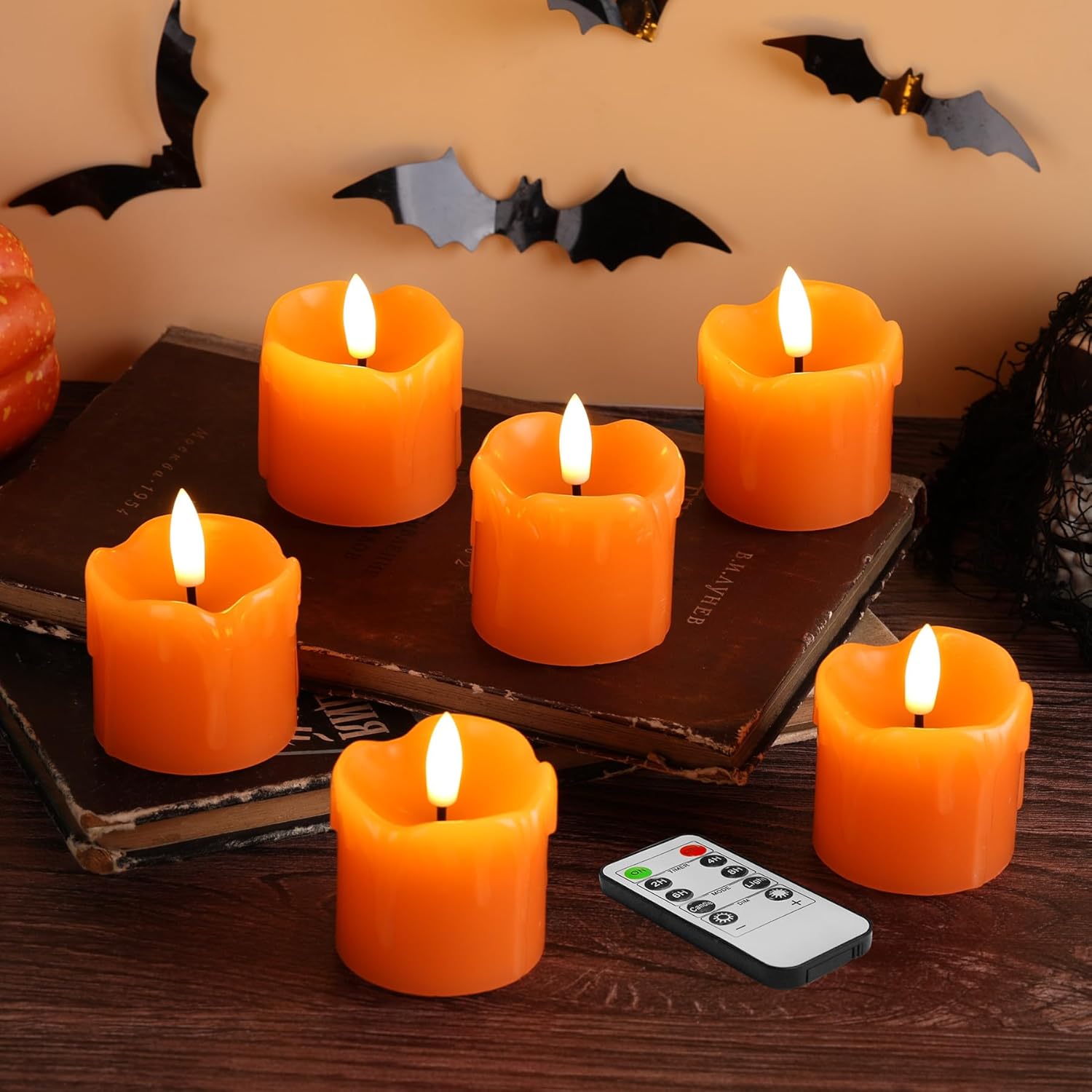 Eywamage Orange Flameless Votive Candles with Remote Batteries, Dripping Wax Halloween Fall LED Candles Set of 6  2" H 2"