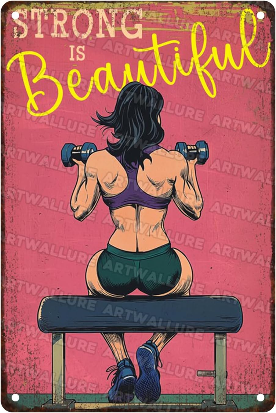 Fitness Sign Weightlifting Girl Workout Room Wall Decor Girl Gym Sign for Home Gym Strong Is Beautiful Metal Poster Motivational Art Plaque 8x12inch