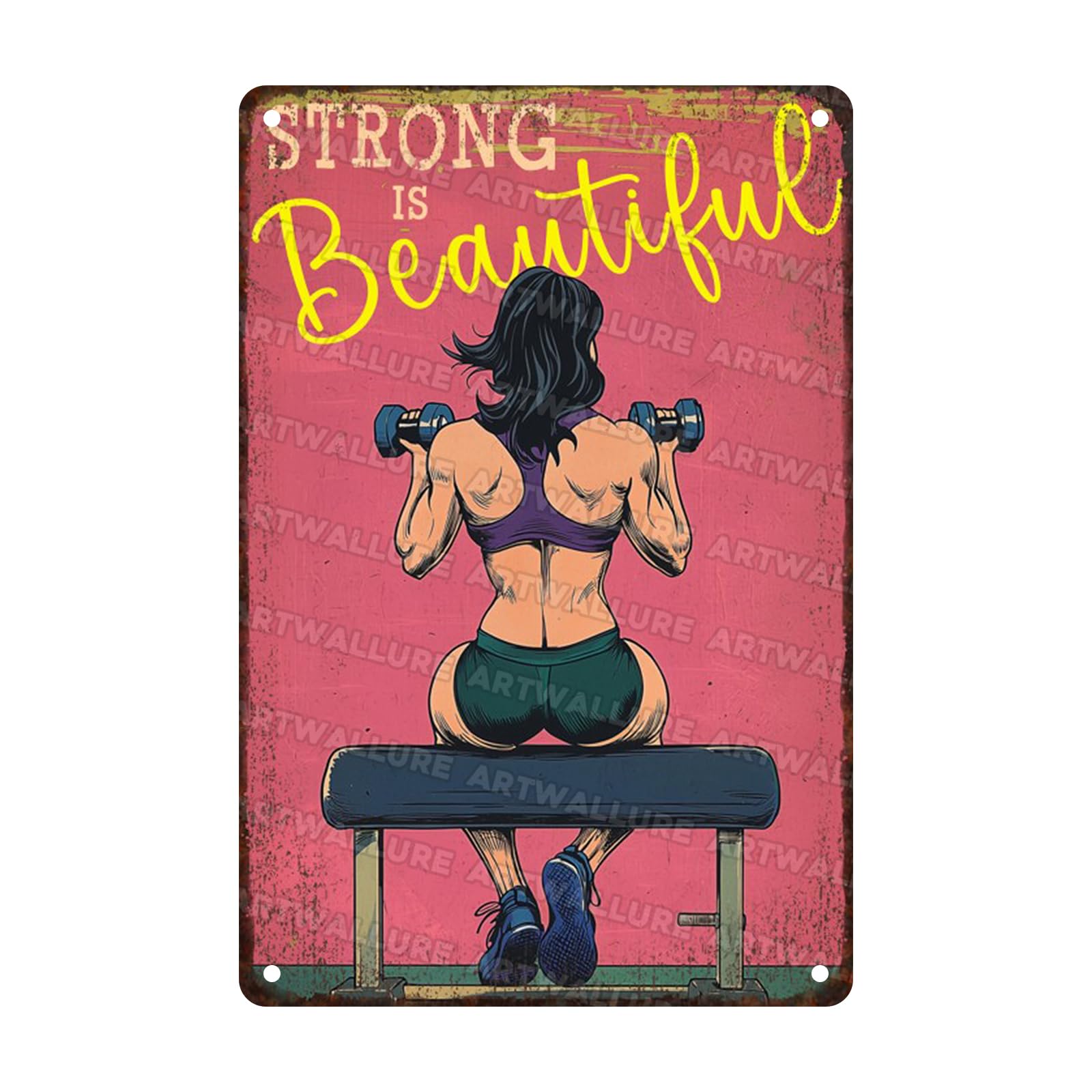 Fitness Sign Weightlifting Girl Workout Room Wall Decor Girl Gym Sign for Home Gym Strong Is Beautiful Metal Poster Motivational Art Plaque 8x12inch