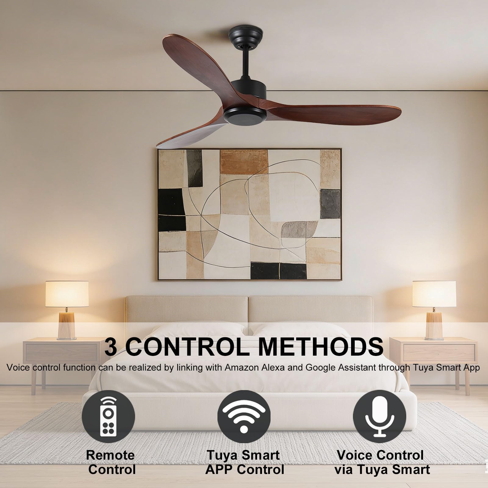 Ventiladores de Techo Inteligentes Modernos con Control Remoto/aplicación/Voz, 6 velocidades, silenciosos, de Madera, sin Luces, de Perfil bajo, para Dormitorio/casa de Campo/Patio