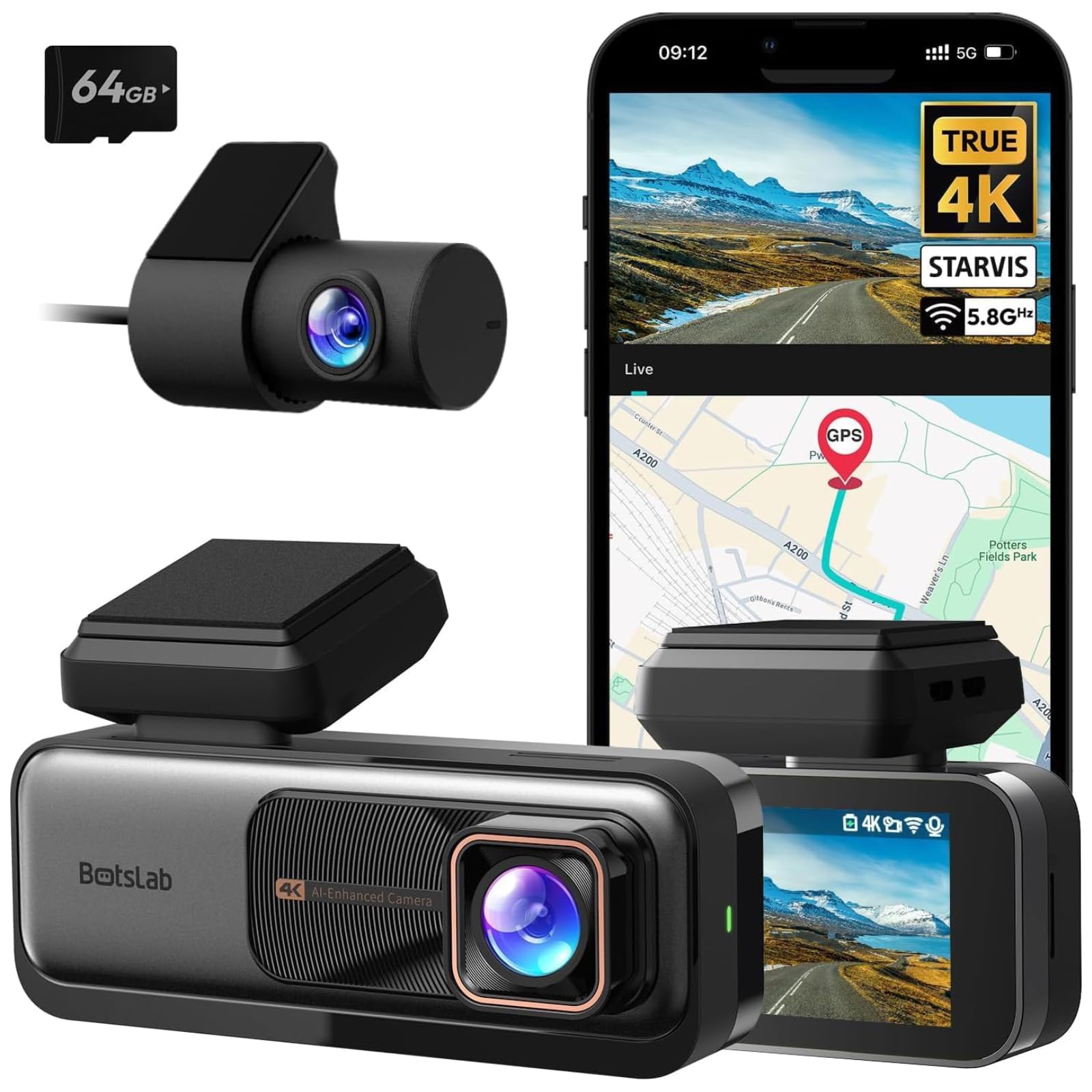 BOTSLAB 4K Dash Cam Front and Rear, 170° Ultra Wide Dashcam with ADAS, Night Vision, 24/7 Parking Mode, Sony STARVIS Sensor, WDR, Free 64GB SD Card, 5.8GHz WiFi, Built-in GPS, Loop Recording