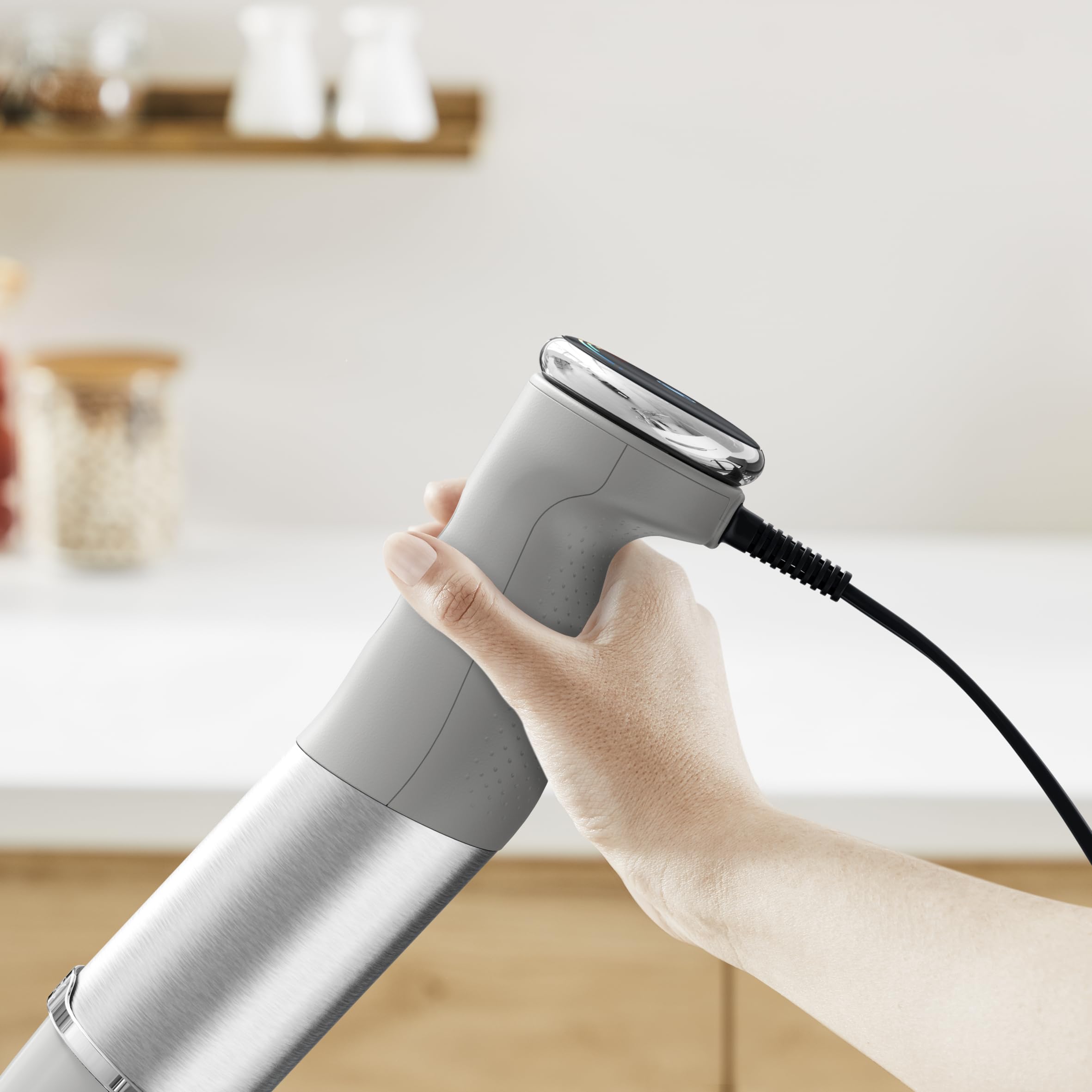 Tefal Quickchef+ HB67MB30 5w1 Blender ręczny XL/rozdrabniacz/trzepaczka/zagniata ciasta/kruszy lód, 1000 W, płynna regulacja prędkości, przycisk Turbo, technologia Powelix, stal nierdzewna, szary