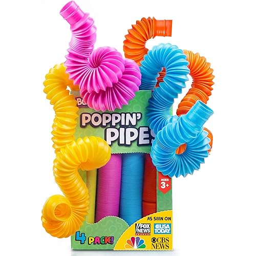 BUNMO Pop Tubes – Large 4-Pack Sensory & Fidget Tubes for Kids 3+ | Stretch, Connect & Pop | Creative STEM Play & Fine-Motor Practice | Vibrant Colors | Non-Mouthable Toy
