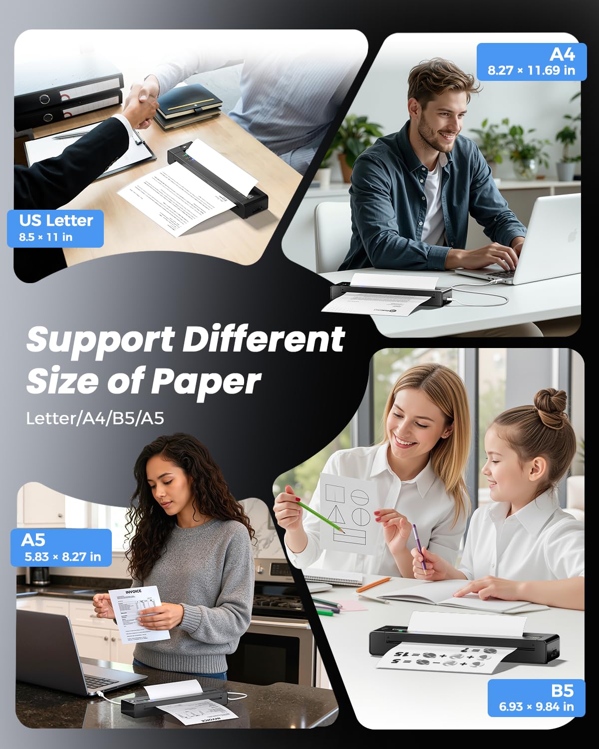 TATTMUSE Portable Printers Wireless for Travel, Inkless Printer for Phone & Laptop, Mobile Thermal Small Bluetooth Compact Dot Matrix Printer for Home Use, Support 8.5" X 11" US Letter & A4 Size