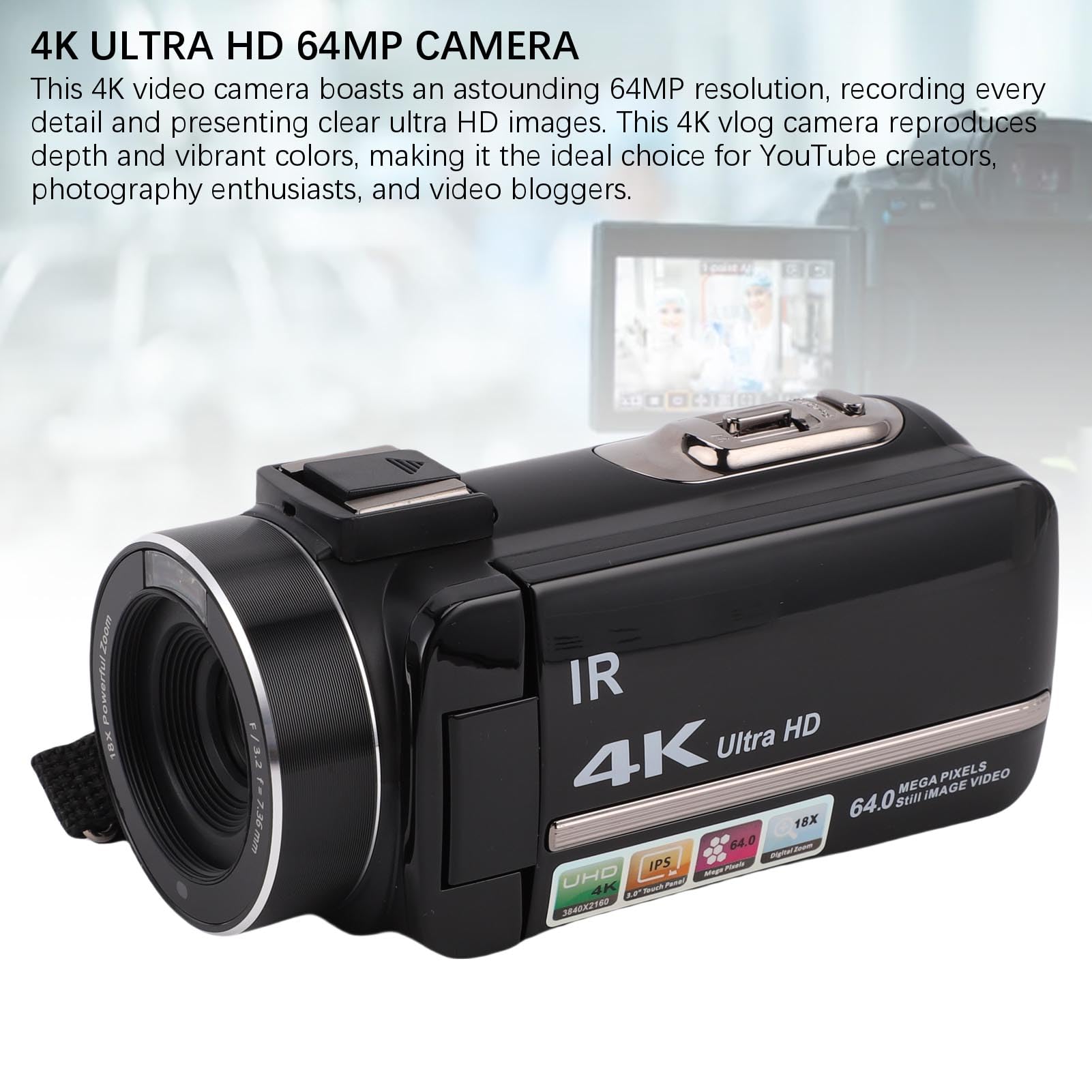 Elprico Videocámara 4K Cámara Vlogging de 64MP para Youtube Pantalla Táctil de 3.0" Zoom Digital 18X con Micrófono Estéreo Externo, Control Remoto, Parasol, Estabilizador de Mano,