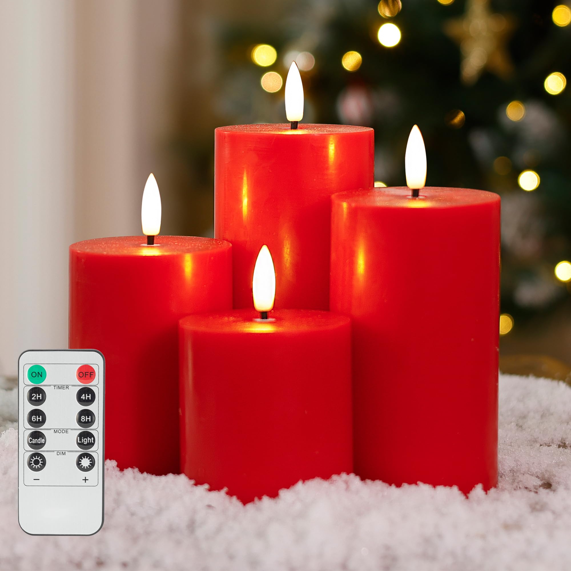 JOIONE Candele rosse senza fiamma con telecomando, set di 4 candele a LED in vera cera, funzionamento a batteria, perfette per finestre di Natale, cene romantiche e decorazioni natalizie