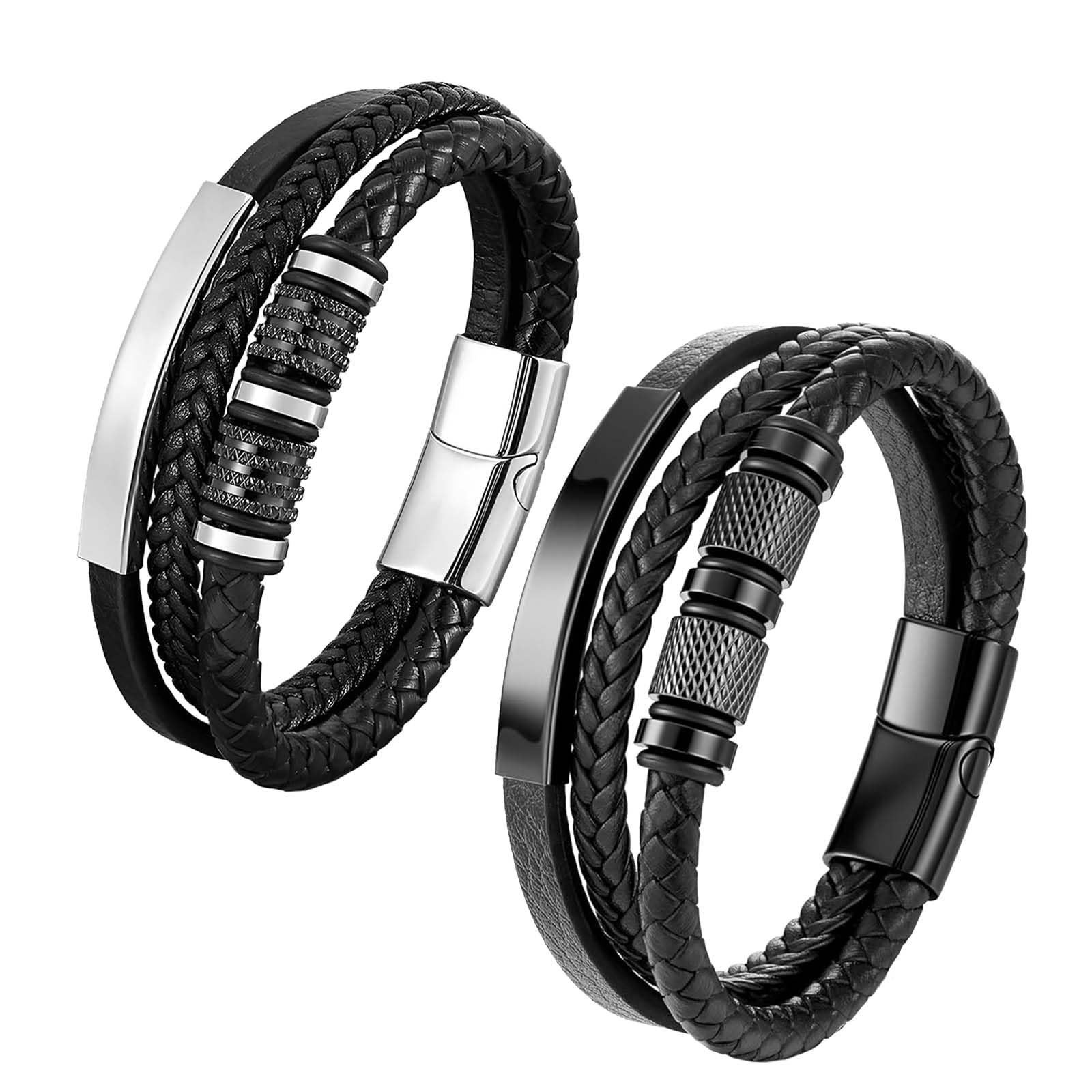 TREABEAR 2PCS Pulsera Hombre Blanco y Negro, Regalo Pareja Pulseras 23cm Pulseras de Cuero Hombre, Accesorios hombre pulseras