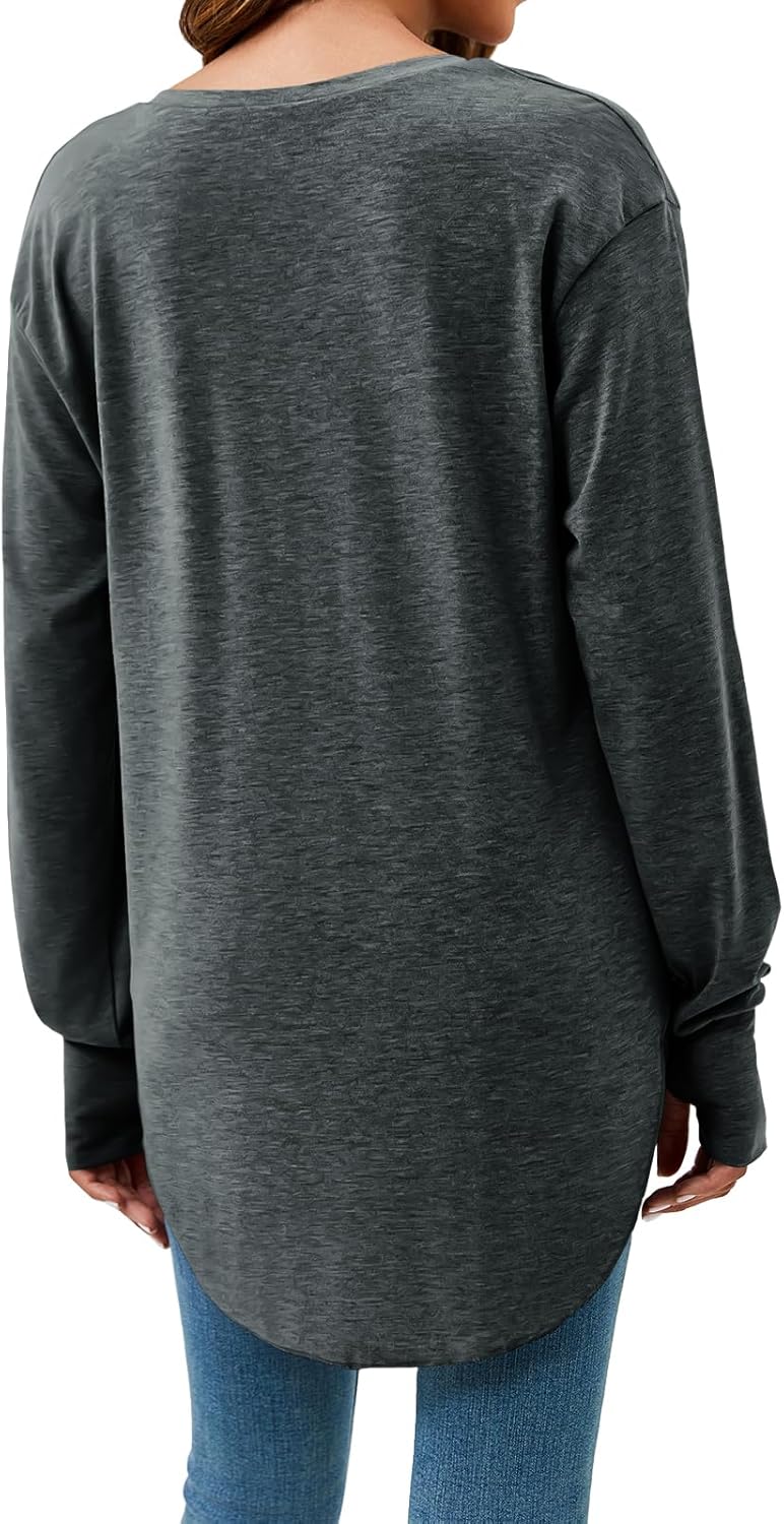 Tankaneo Womens Deep V Neck Tunic Tops Long Sleeve Oversized Casual Loose Fit Curved Hem T Shirts - Image 5
