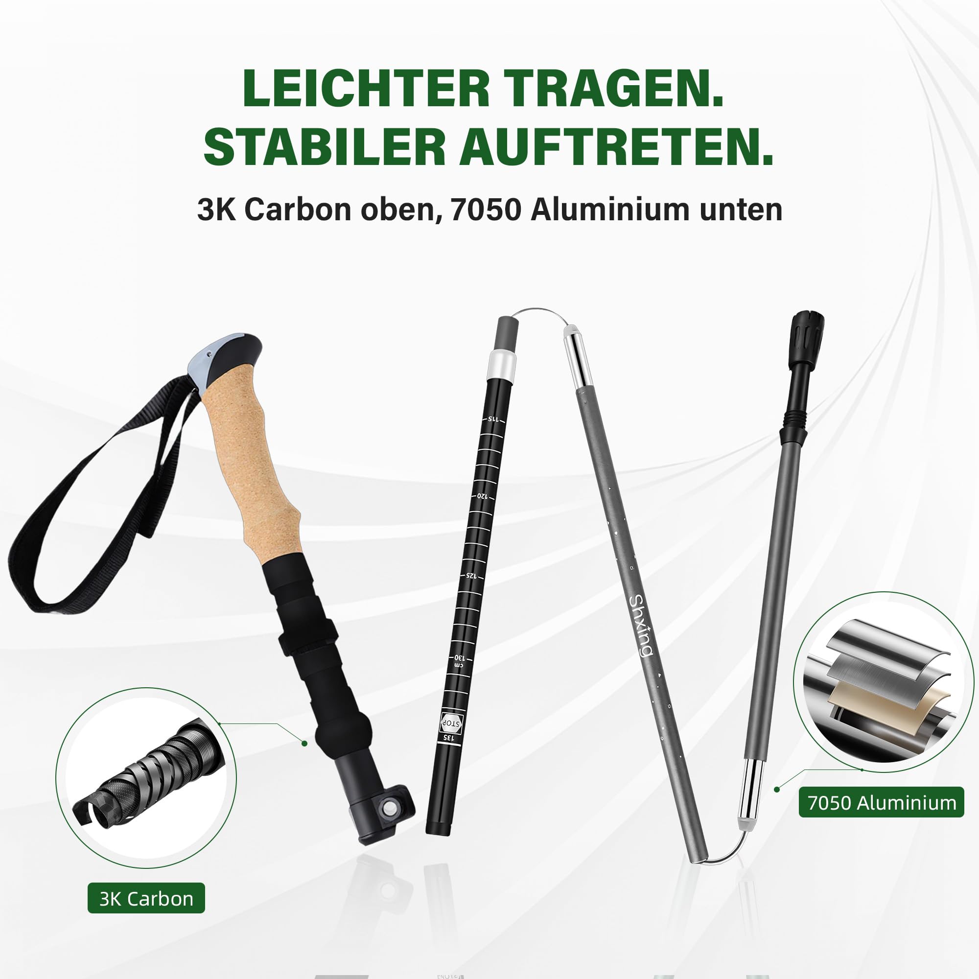 Wanderstöcke faltbar 2er Set, 35 cm, 3K Carbon-Alu | 35 cm Faltmaß; 110–135 cm; 3K Carbon + 7050 Alu; Kork + EVA; Grau für Trekking & Bergwege