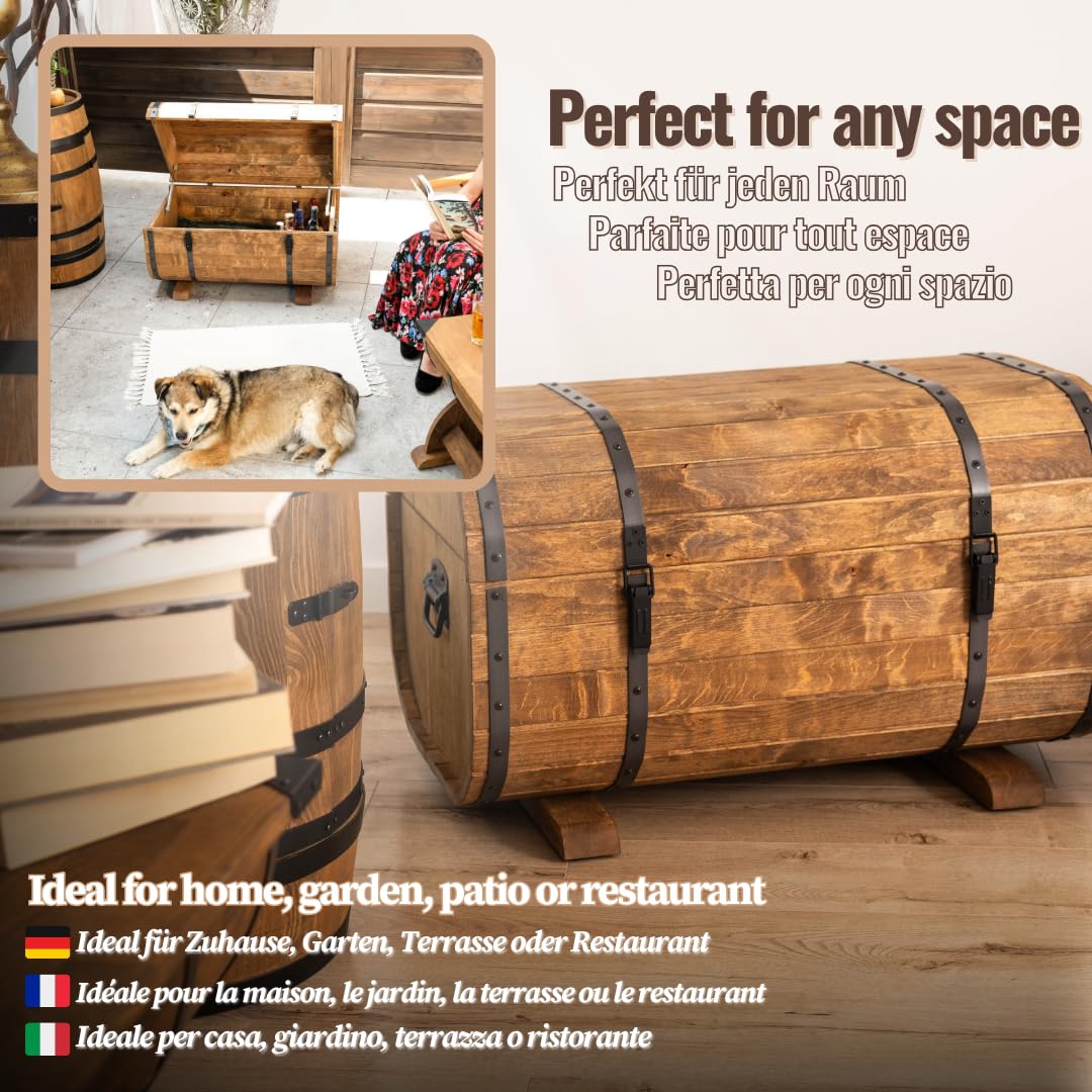 CREATIVE COOPER Holztruhe 180L – Rustikale Aufbewahrungskiste aus geöltem Erlenholz – Fass-Design – Für Innen & Außen – 80x50x50 cm