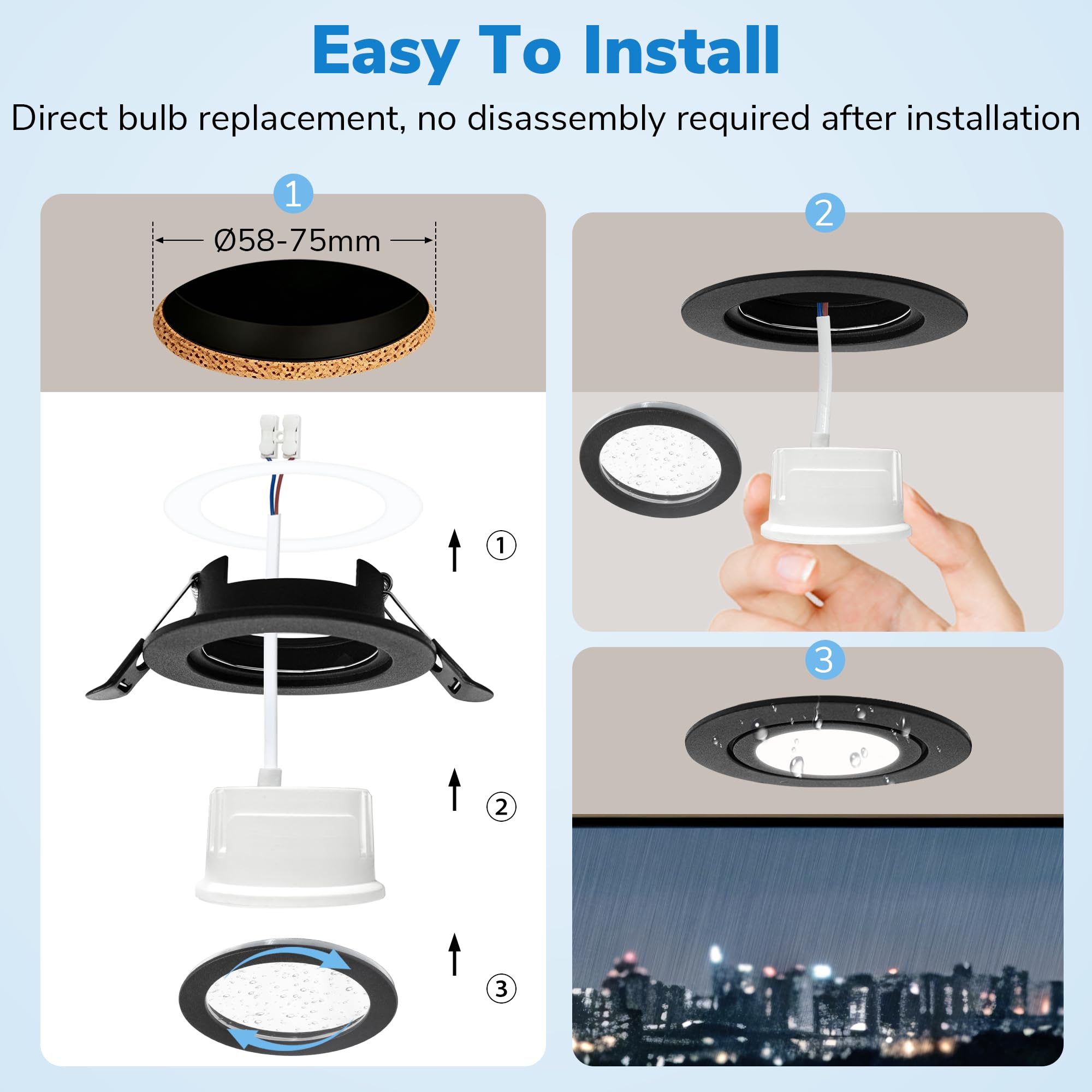 LED Einbaustrahler 230V Dimmbar IP65, 6W 3CCT 3000K/4000K/6000K LED Spots Deckenleuchte, Einbauleuchten 58-75mm Lochmaß Ultra Flach Einbauspots, Deckenspots für Badezimmer, Schwarz 6er Set