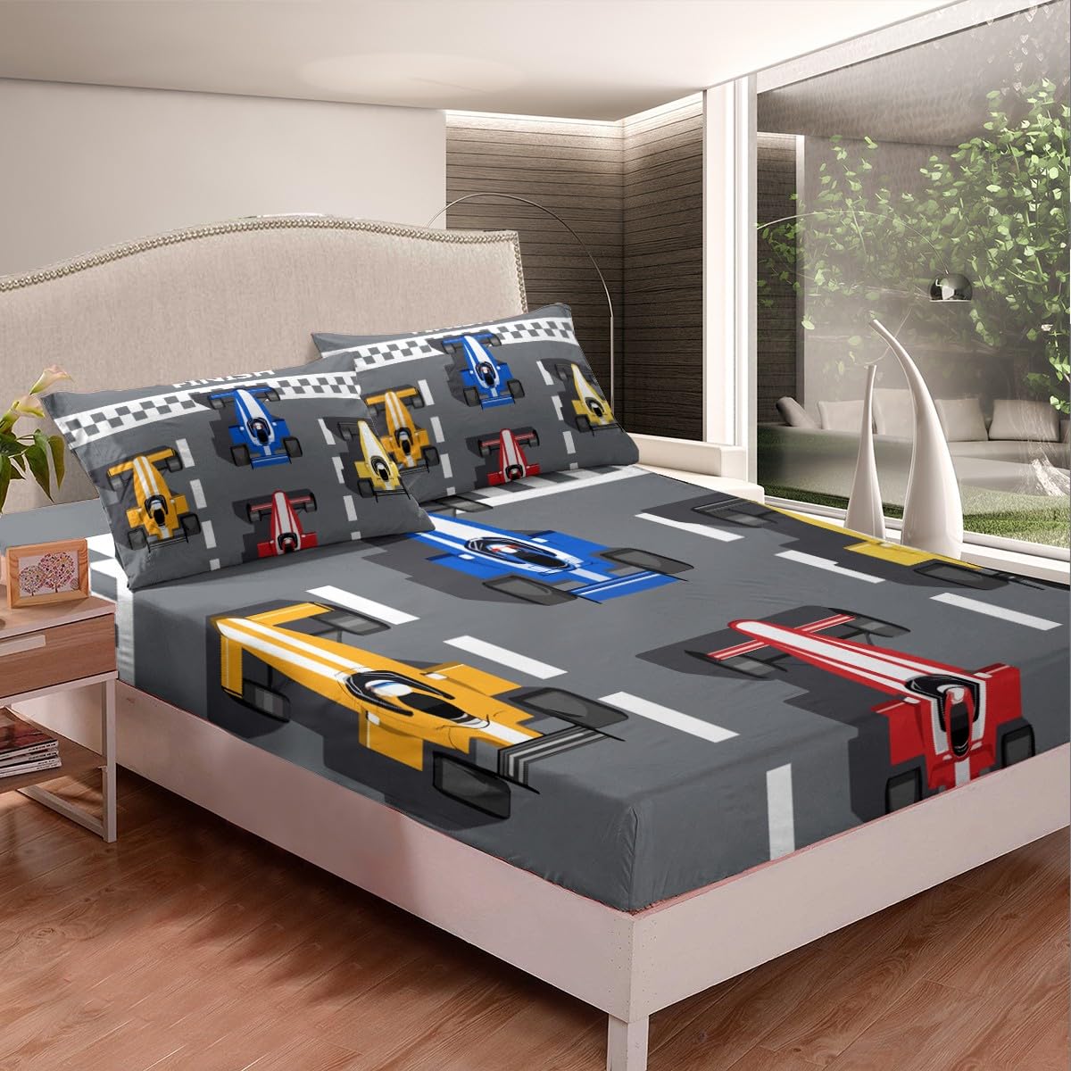Race Car Bed Sheet Set - Twin Size Fitted Sheet & Pillowcase, White/Grey 3D Sports Car Design, Microfiber